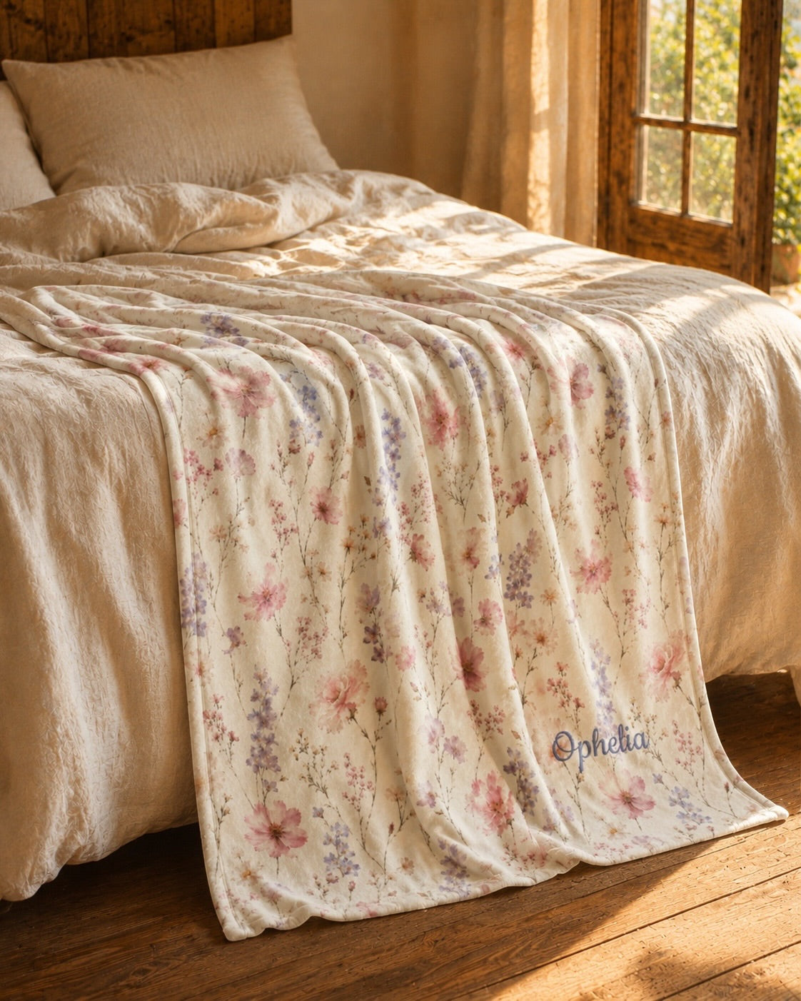 The Wildflower Theory Throw Blanket, with blush cosmos, cottage roses, larkspur, and baby's breath print