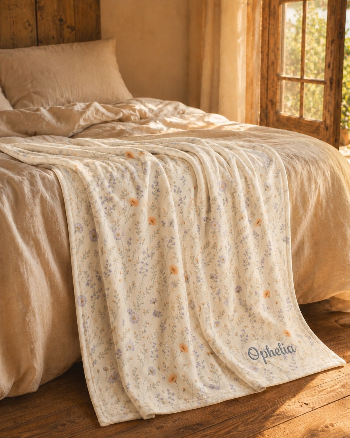Garden Reverie Throw Blanket, with peach poppies, blue cosmos, forget-me-nots, and daisies print