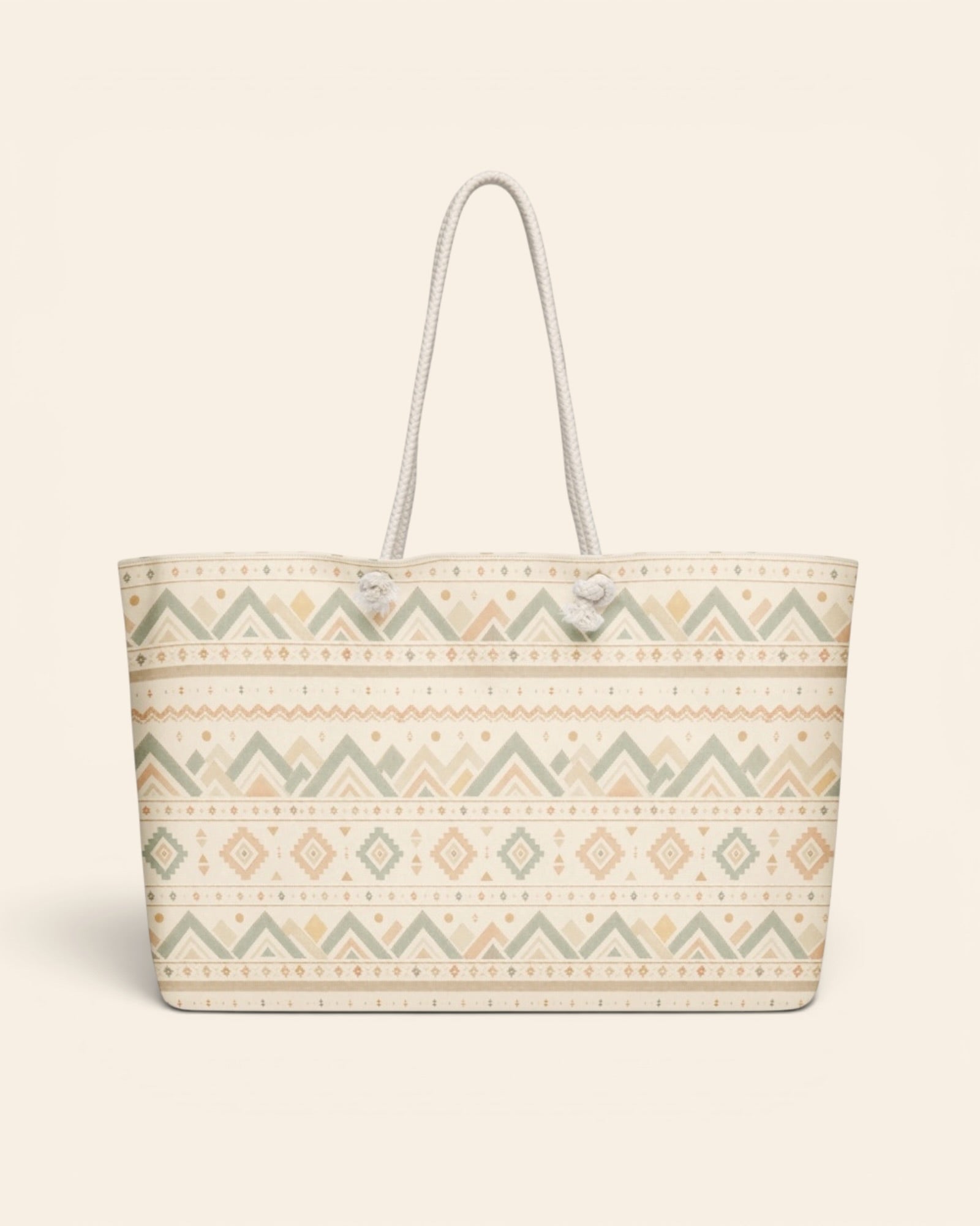 Where The Mountains Wait Weekender Bag, with mountain-inspired geometric bands in sage, sand, and peach print