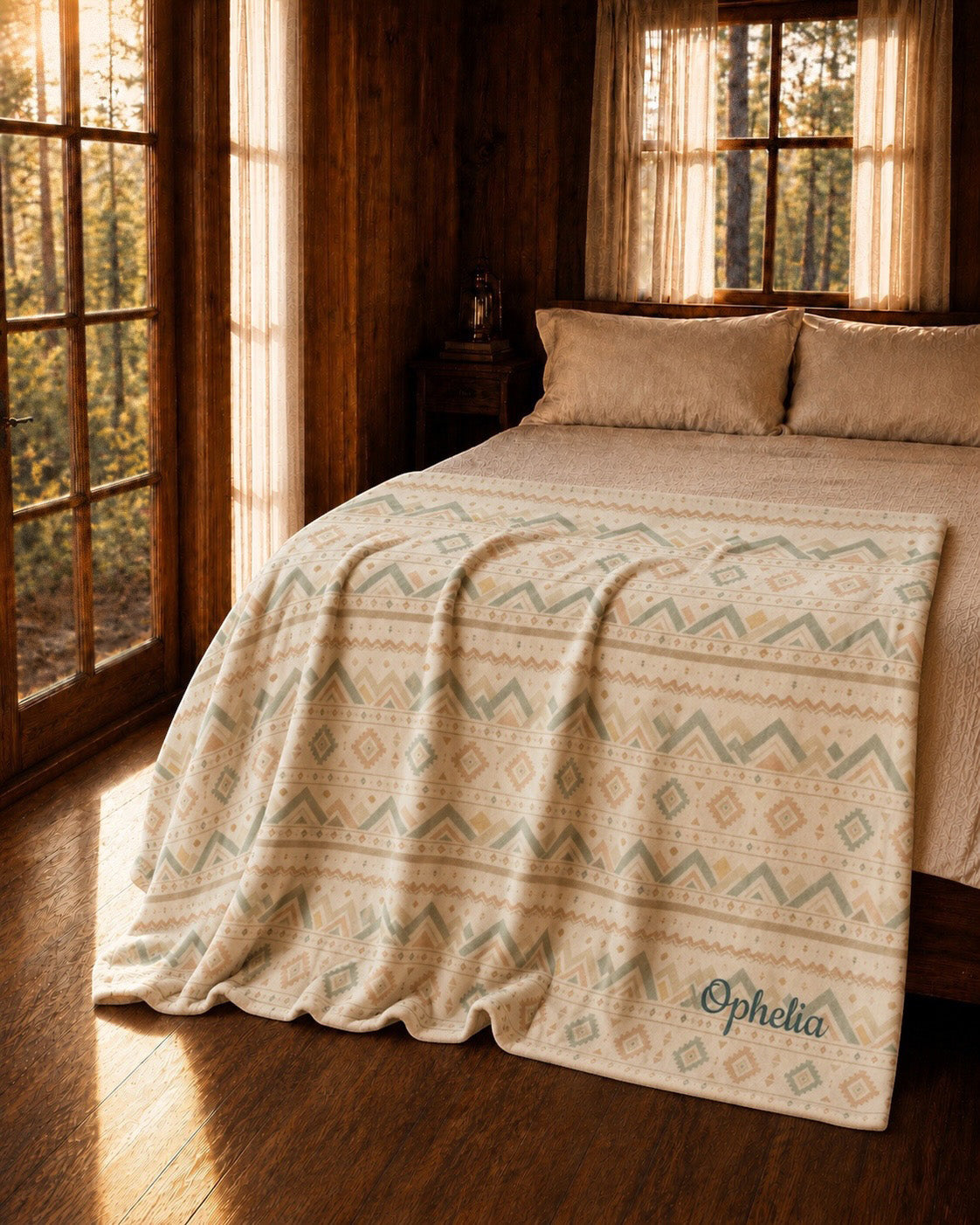 Where The Mountains Wait Throw Blanket, with mountain-inspired geometric bands in sage, sand, and peach print