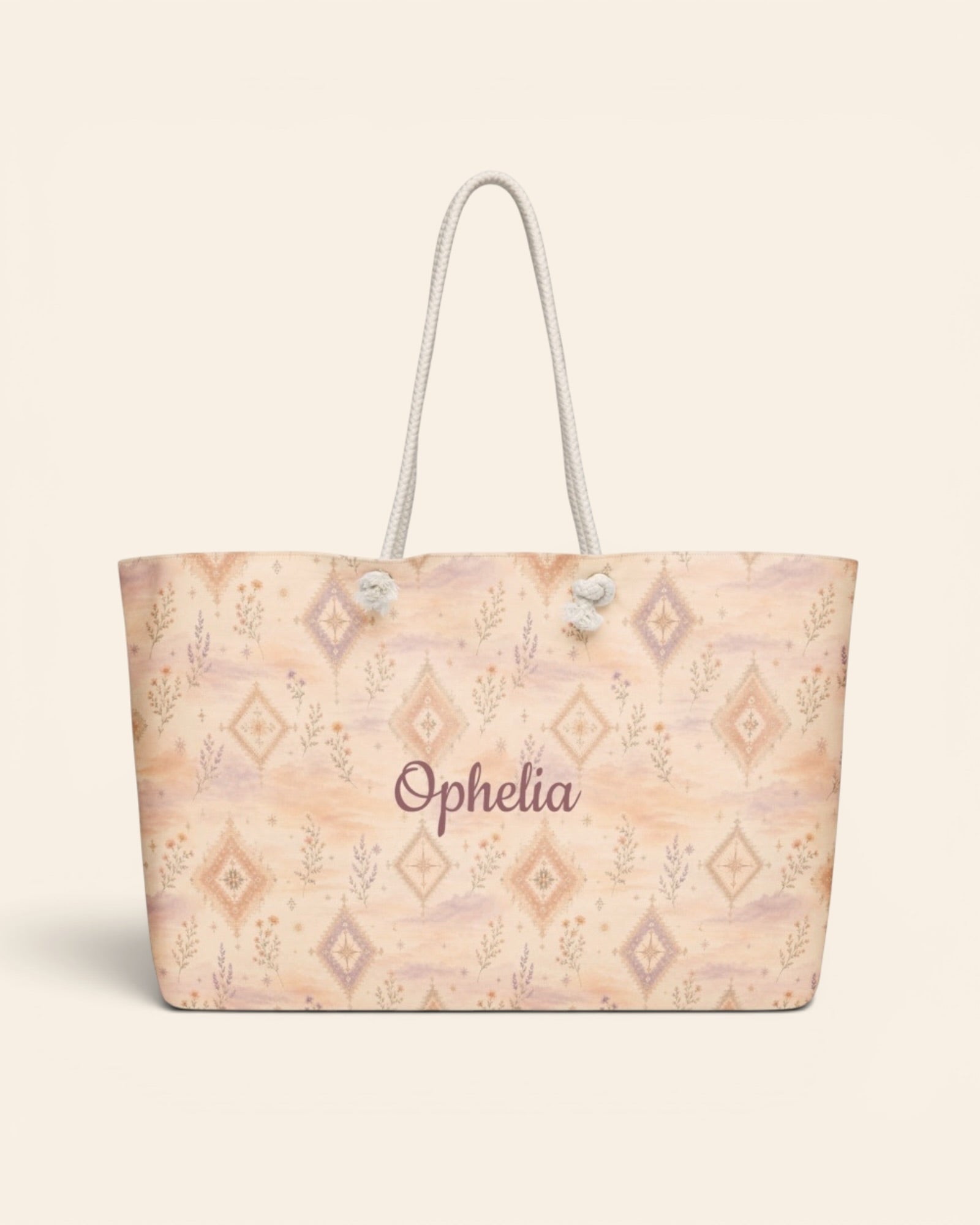 Where Alpenglow Blooms Weekender Bag, with alpenglow-inspired diamonds and alpine wildflower sprigs print