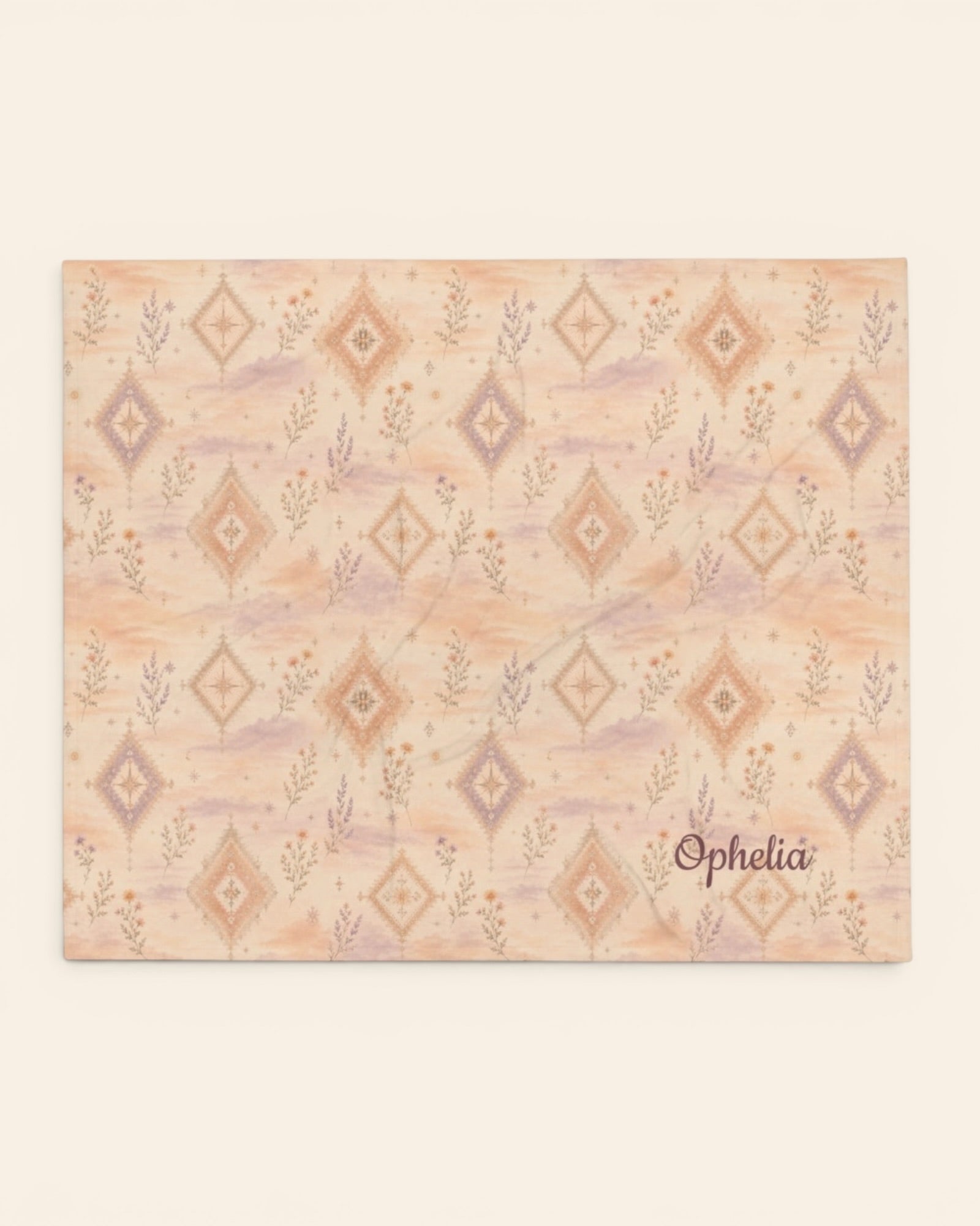 Where Alpenglow Blooms Throw Blanket, with alpenglow-inspired diamonds and alpine wildflower sprigs print