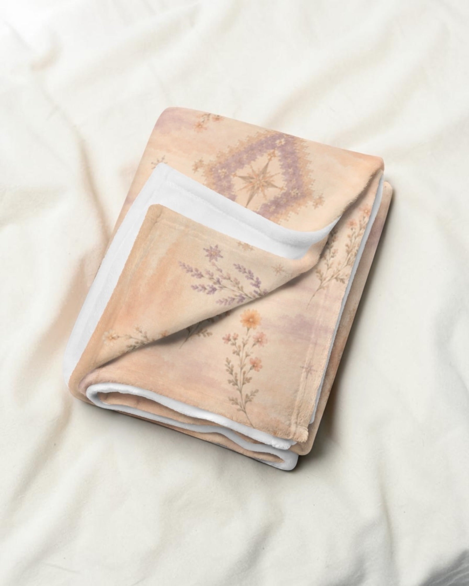 Where Alpenglow Blooms Throw Blanket, with alpenglow-inspired diamonds and alpine wildflower sprigs print