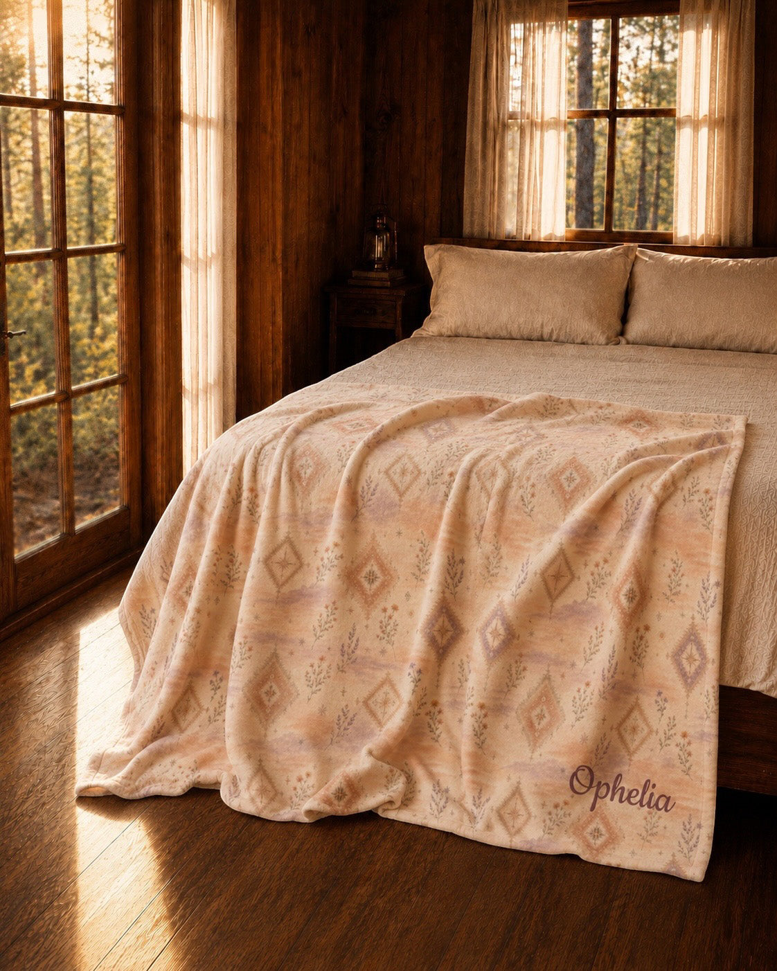 Where Alpenglow Blooms Throw Blanket, with alpenglow-inspired diamonds and alpine wildflower sprigs print