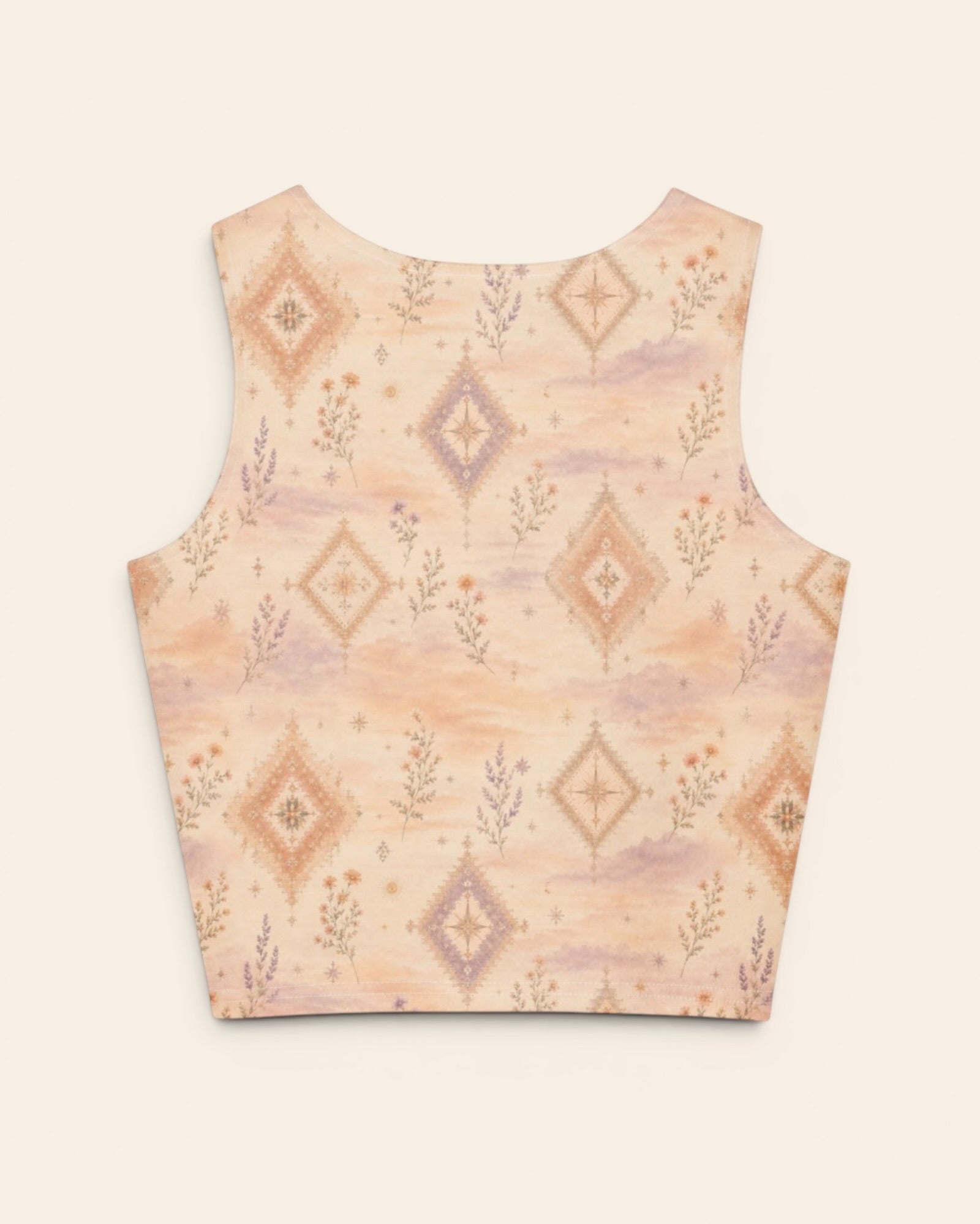 Where Alpenglow Blooms Crop Top, with alpenglow-inspired diamonds and alpine wildflower sprigs print