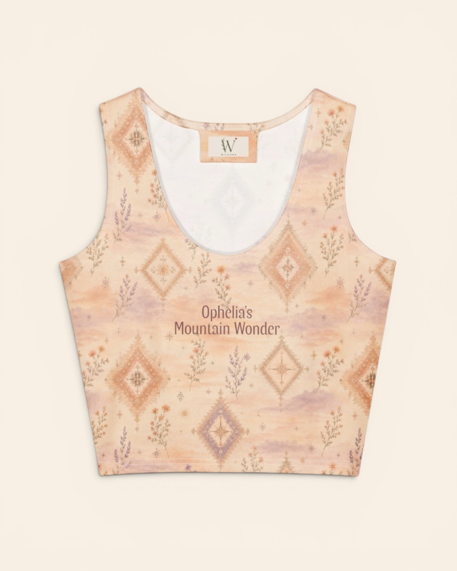 Where Alpenglow Blooms Crop Top, with alpenglow-inspired diamonds and alpine wildflower sprigs print