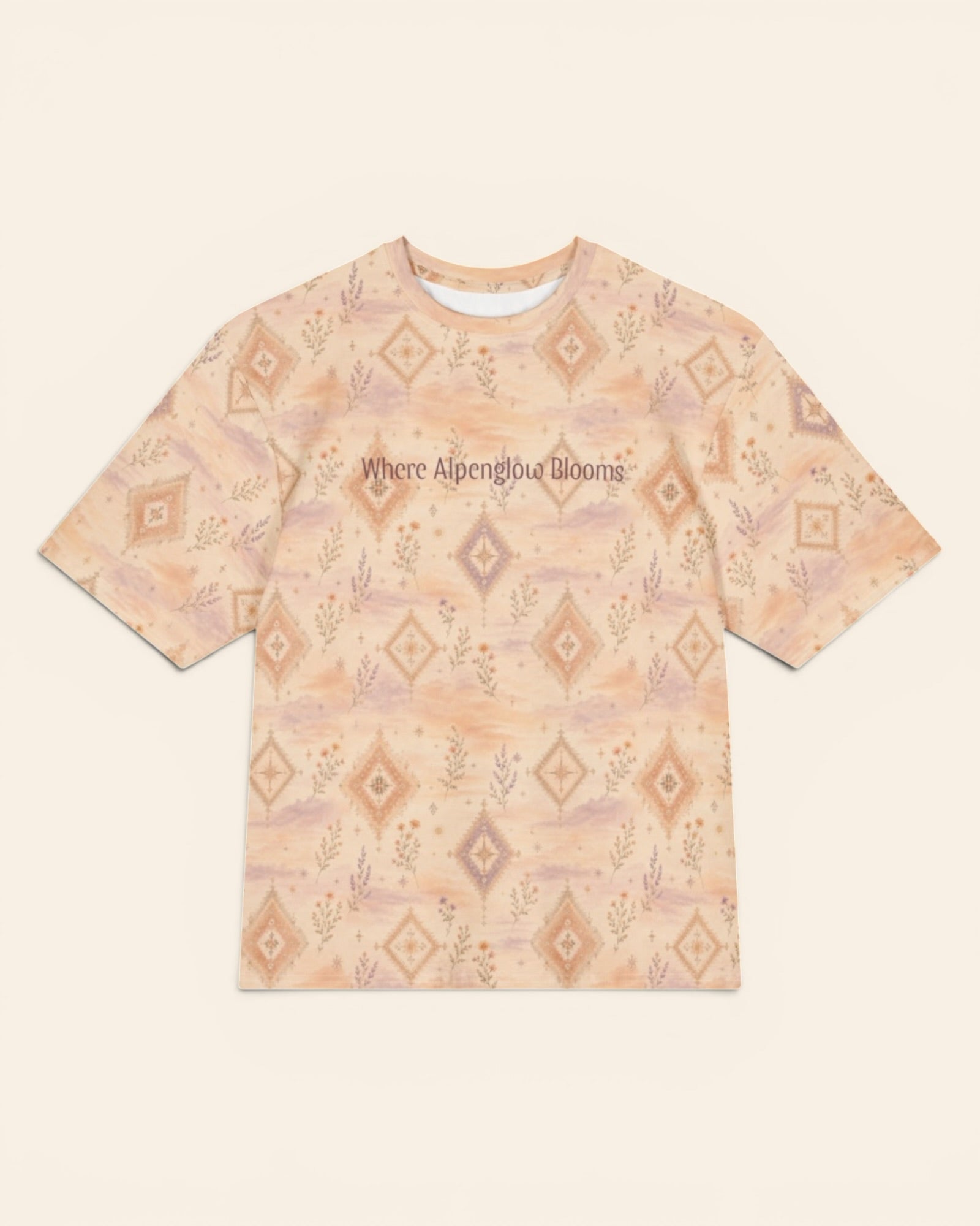 Where Alpenglow Blooms Oversized Tee, with alpenglow-inspired diamonds and alpine wildflower sprigs print