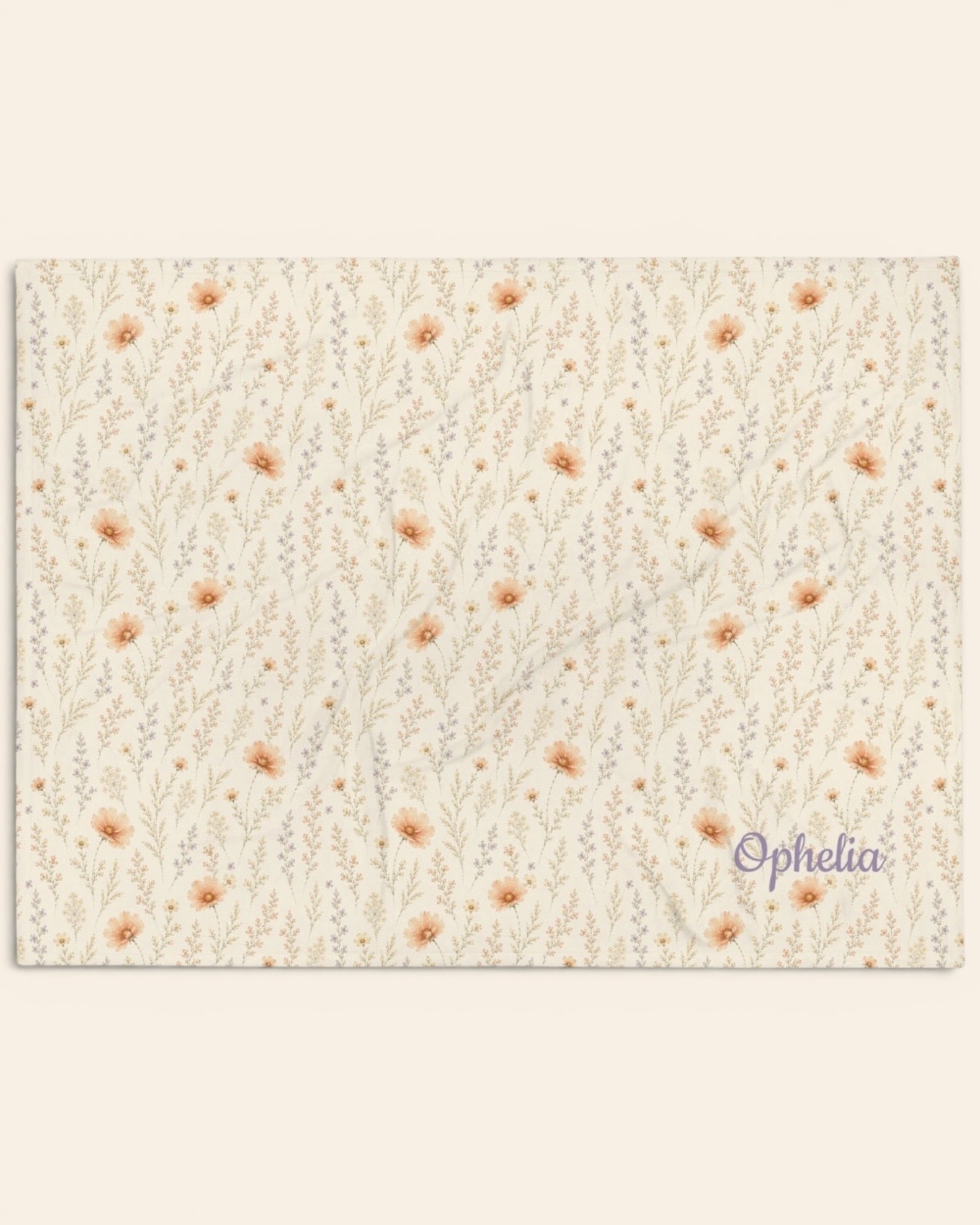 Wildflower Dreams Throw Blanket, with apricot cosmos, larkspur, baby's breath, and golden stems print