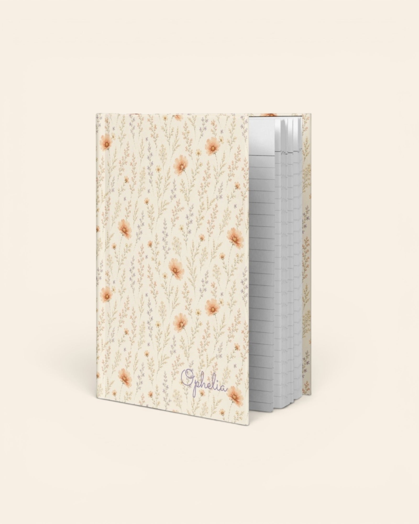 Wildflower Dreams Journal, with apricot cosmos, larkspur, baby's breath, and golden stems print