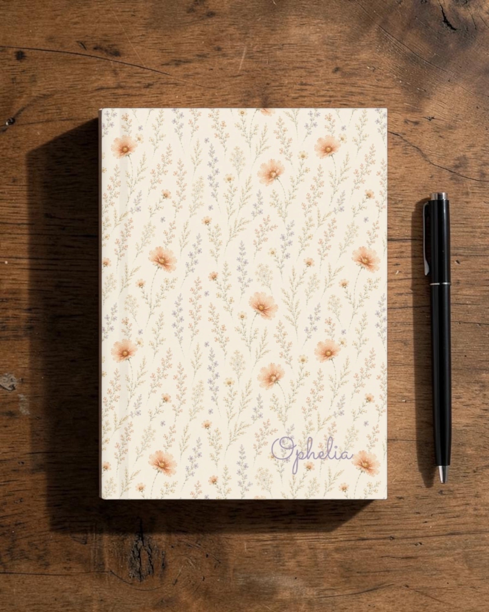 Wildflower Dreams Journal, with apricot cosmos, larkspur, baby's breath, and golden stems print
