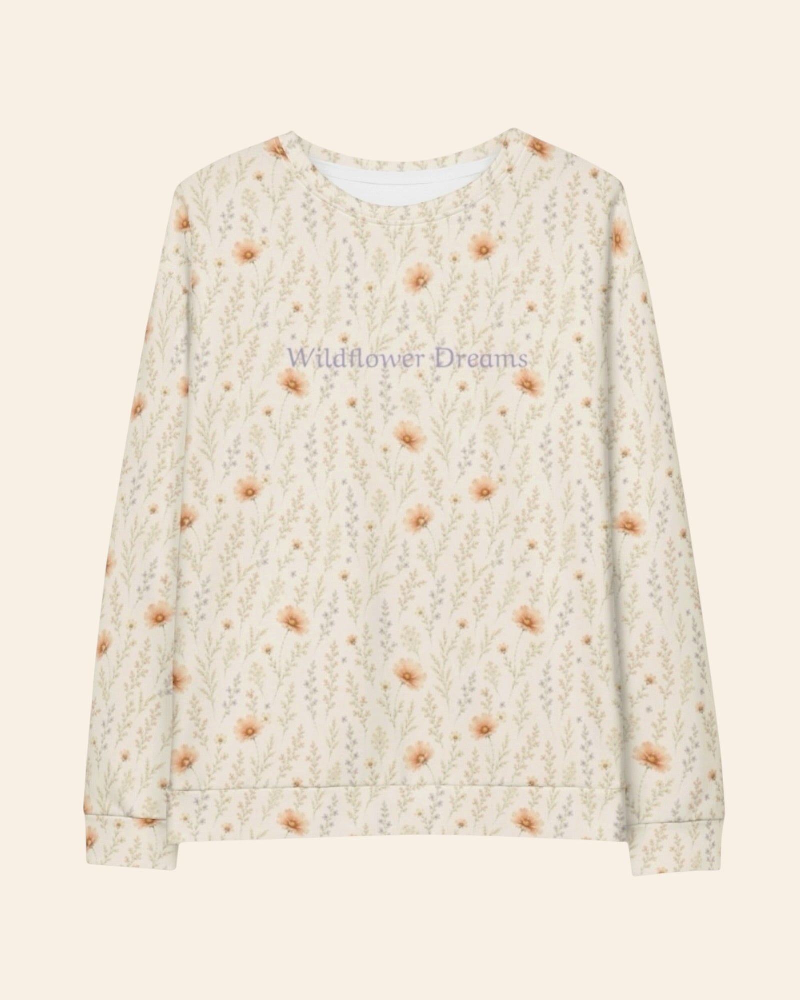 Wildflower Dreams Crewneck Sweatshirt, with apricot cosmos, larkspur, baby's breath, and golden stems print
