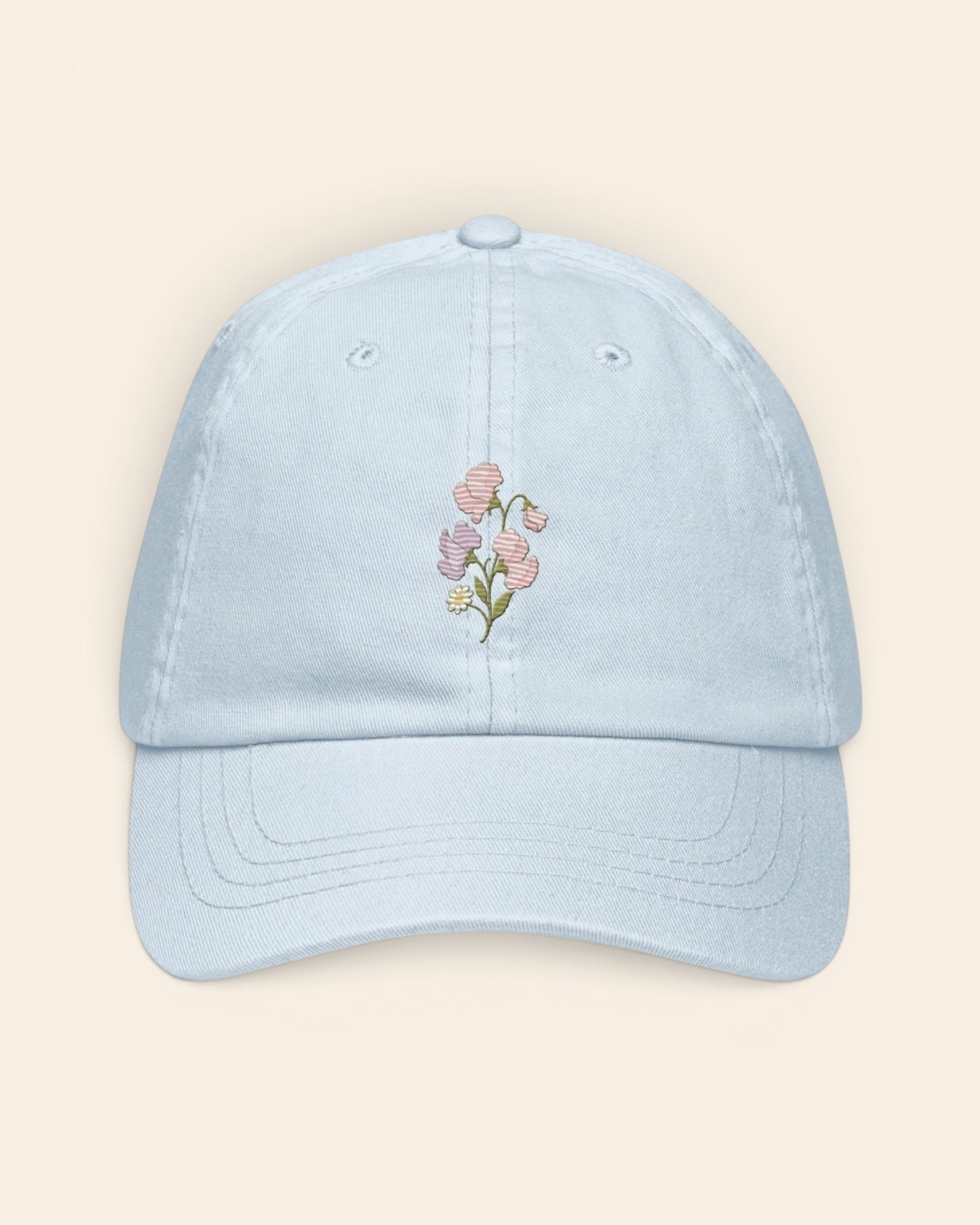 April birth flower hat with embroidered sweet pea and daisy, in Pastel Blue