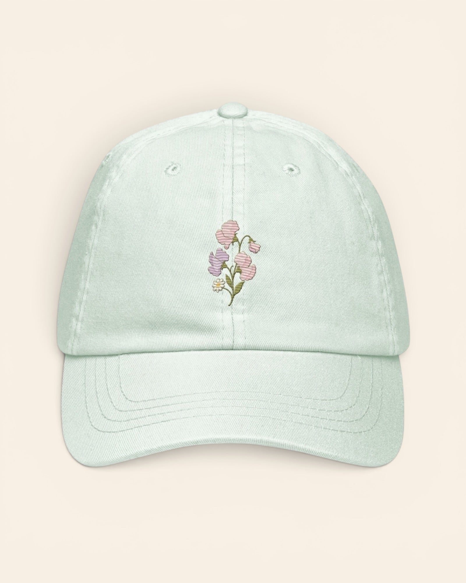 April birth flower hat with embroidered sweet pea and daisy, in Pastel Mint