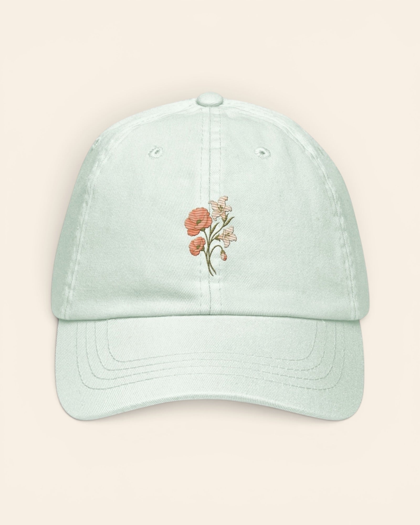 August birth flower hat with embroidered poppy and gladiolus, in Pastel Mint