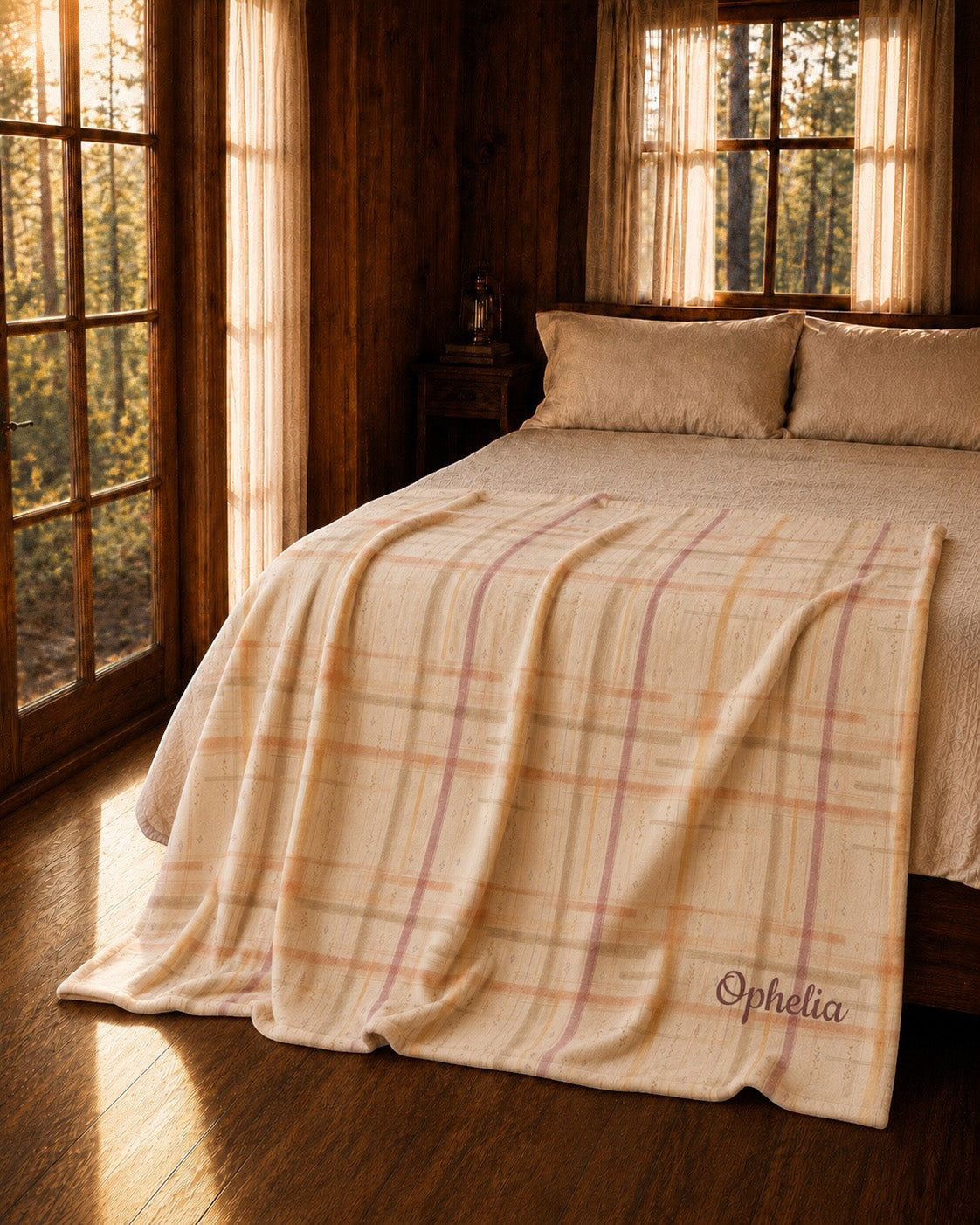 Written By The Wilderness Throw Blanket, with vintage-inspired woven plaid in apricot, sage, and peach print