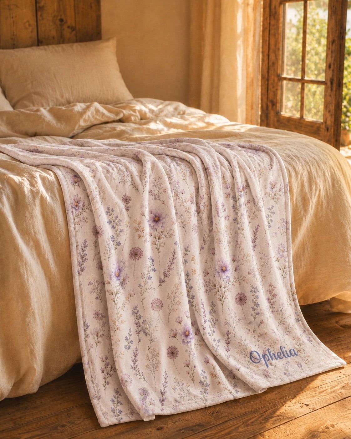 La Vie Fleurie Throw Blanket, with lavender sprigs, purple cosmos, baby's breath, and larkspur print