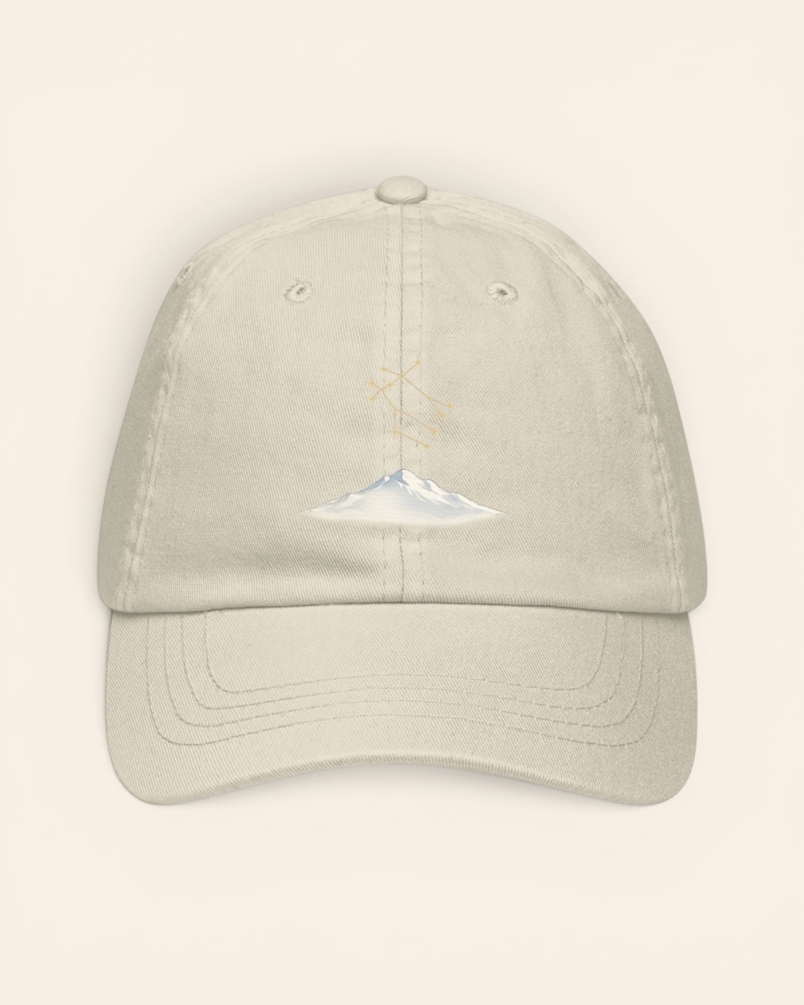 Gemini constellation hat with embroidered stars above a mountain ridge, in Beige