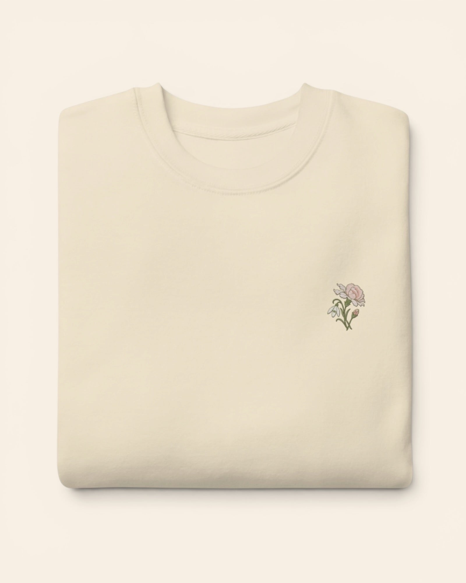 January birth flower crewneck sweatshirt with embroidered carnation and snowdrop, in Bone