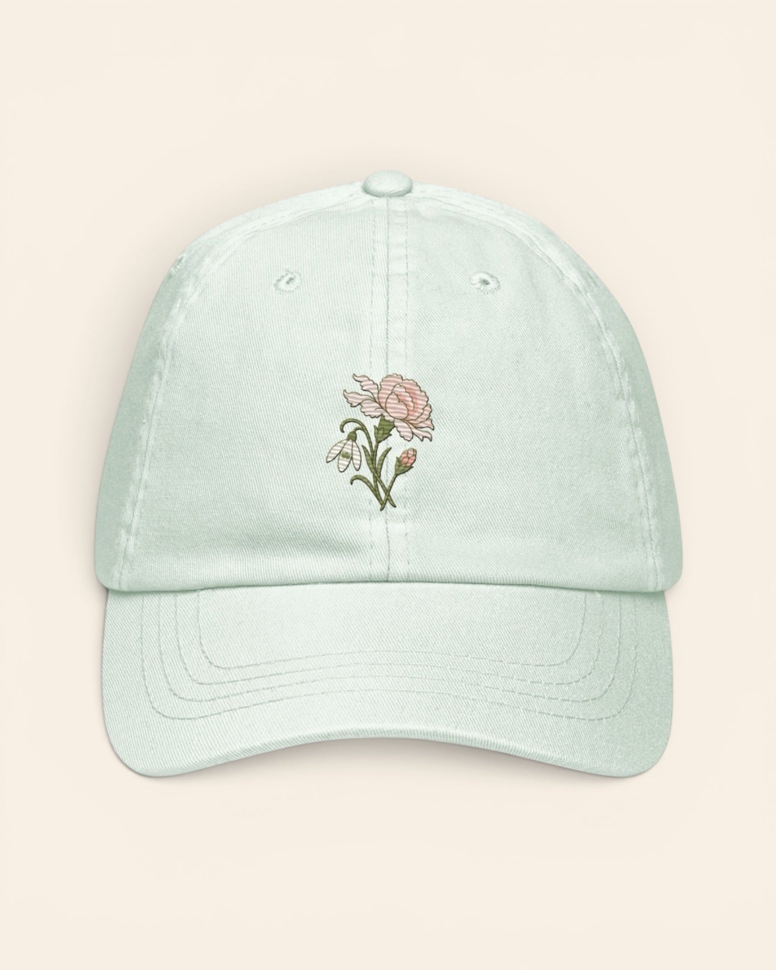 January birth flower hat with embroidered carnation and snowdrop, in Pastel Mint