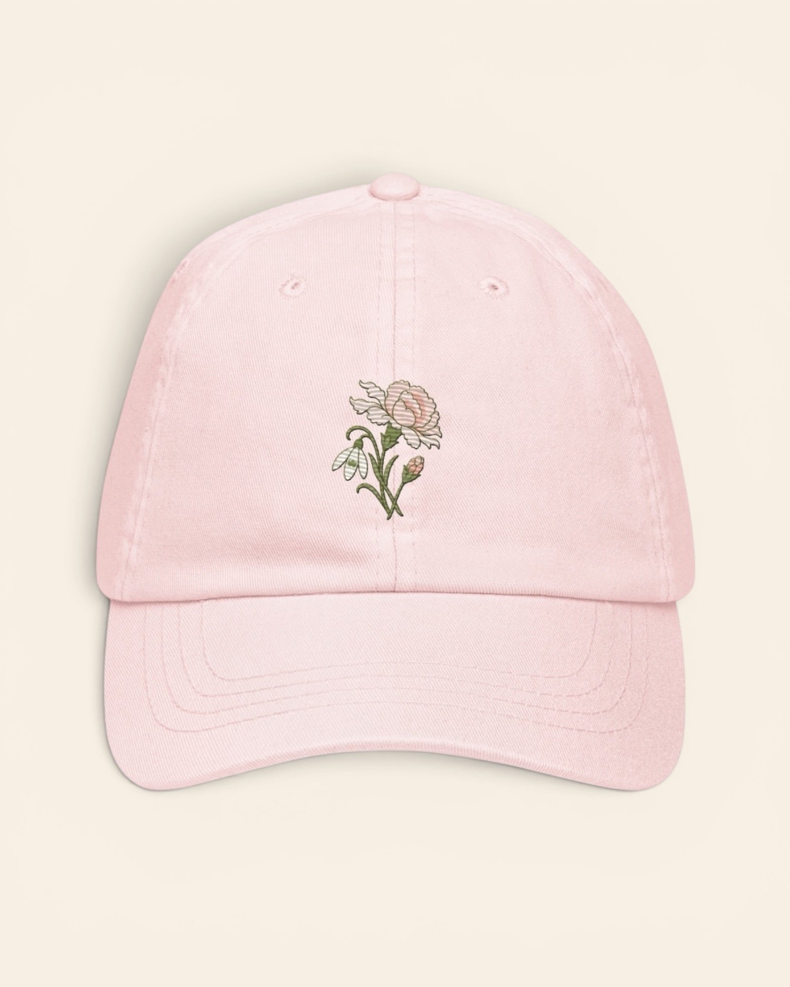 January birth flower hat with embroidered carnation and snowdrop, in Pastel Pink