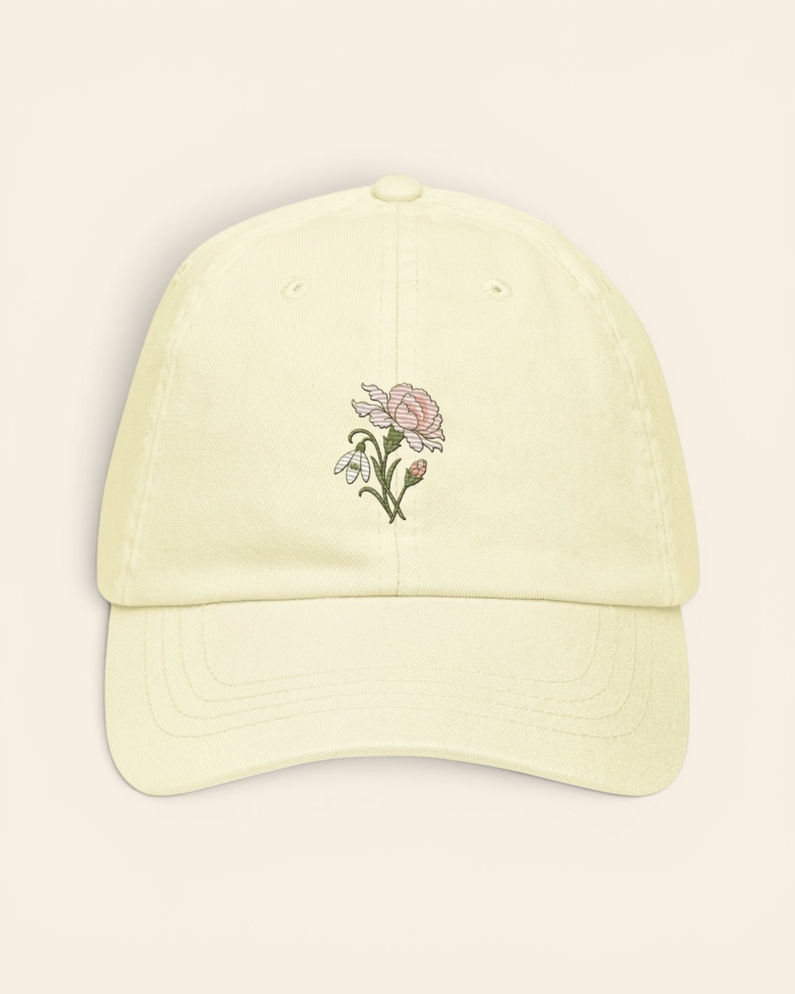 January birth flower hat with embroidered carnation and snowdrop, in Pastel Lemon