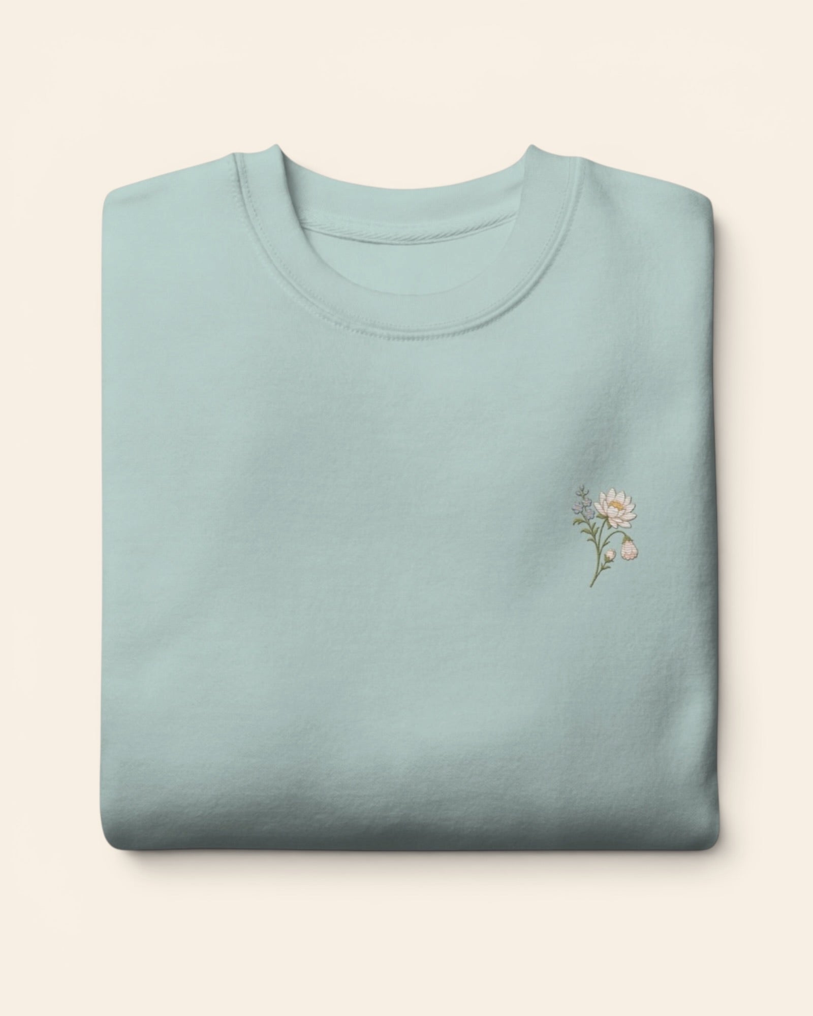 July birth flower crewneck sweatshirt with embroidered water lily and larkspur