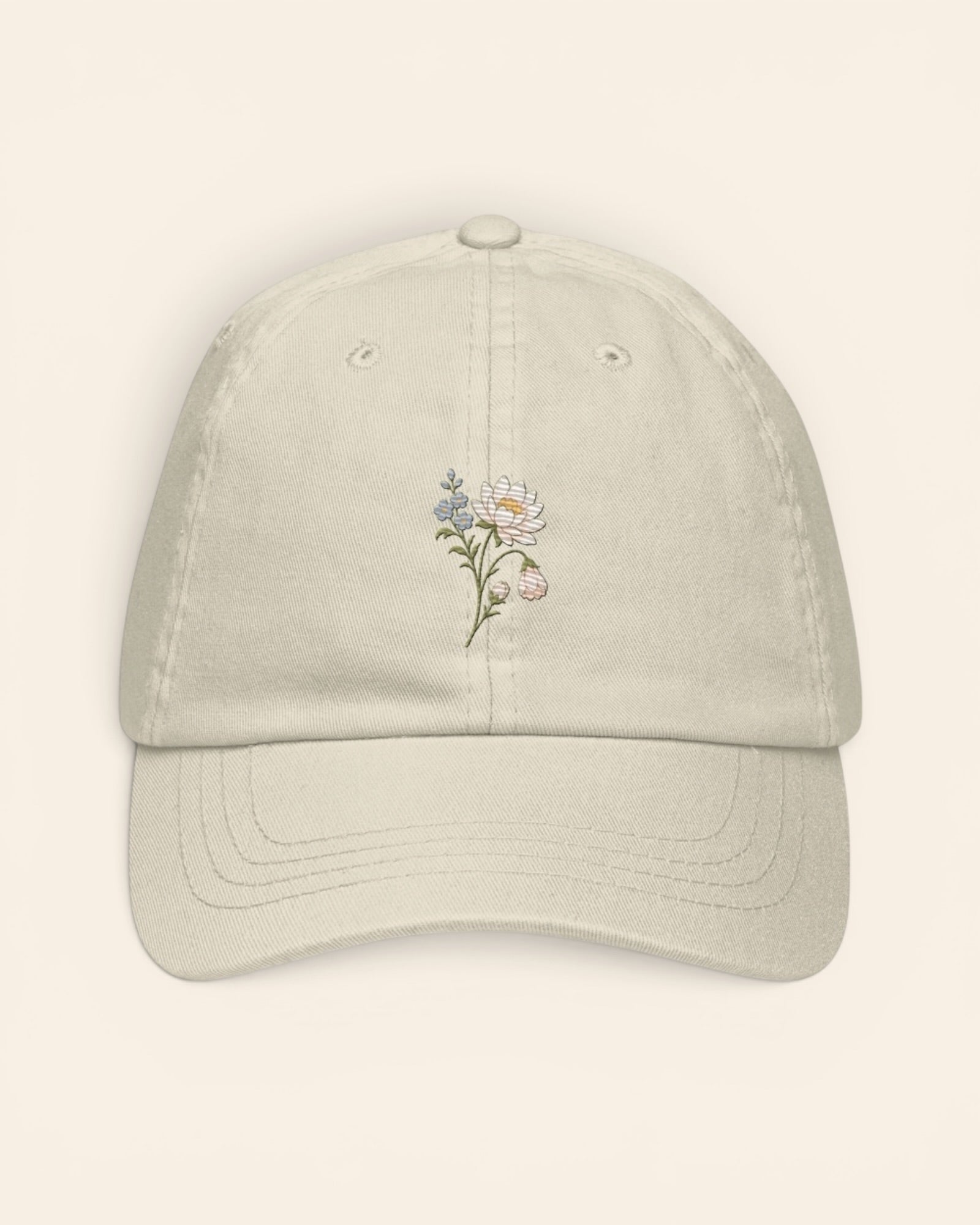 July birth flower hat with embroidered water lily and larkspur, in Beige