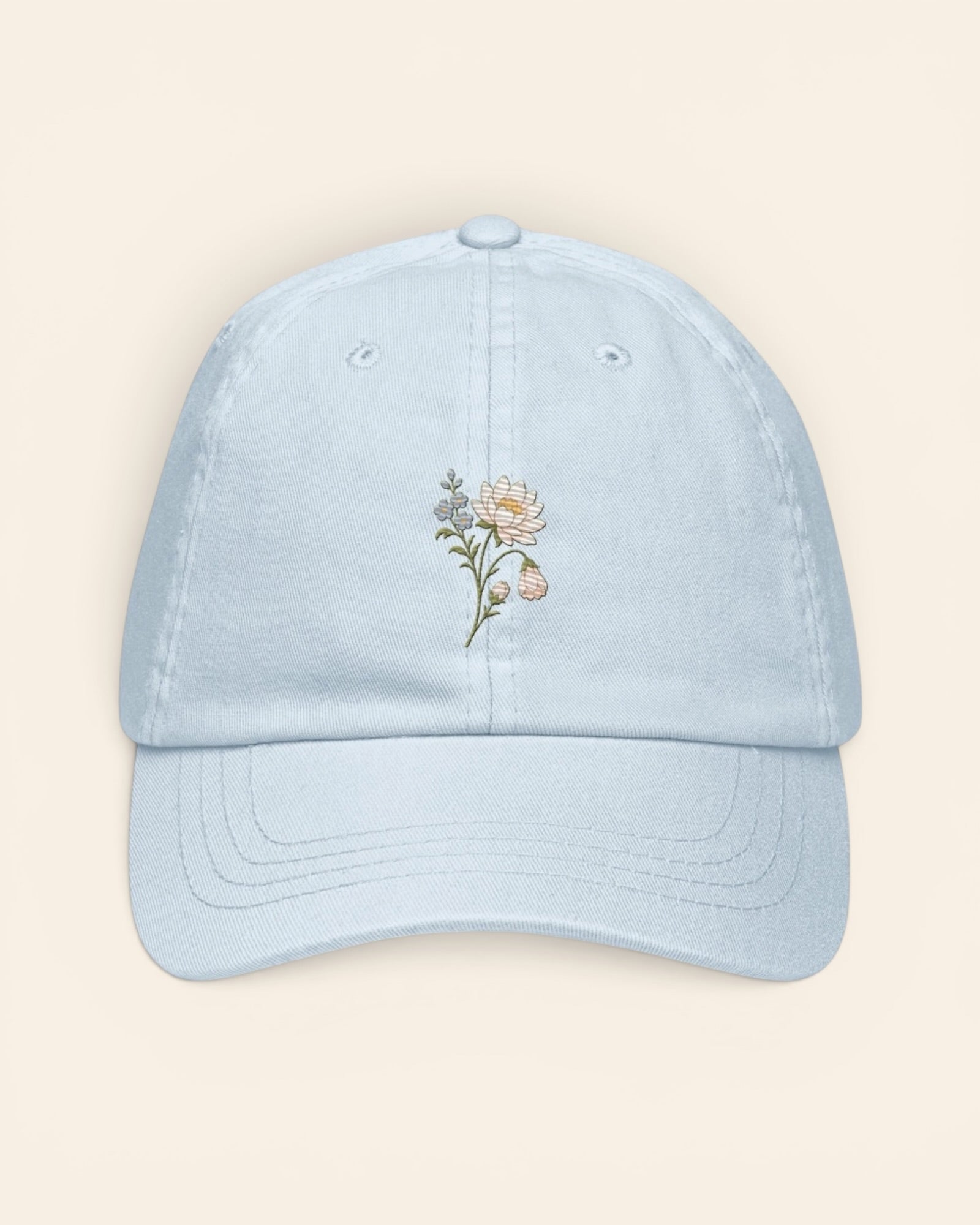 July birth flower hat with embroidered water lily and larkspur, in Pastel Blue
