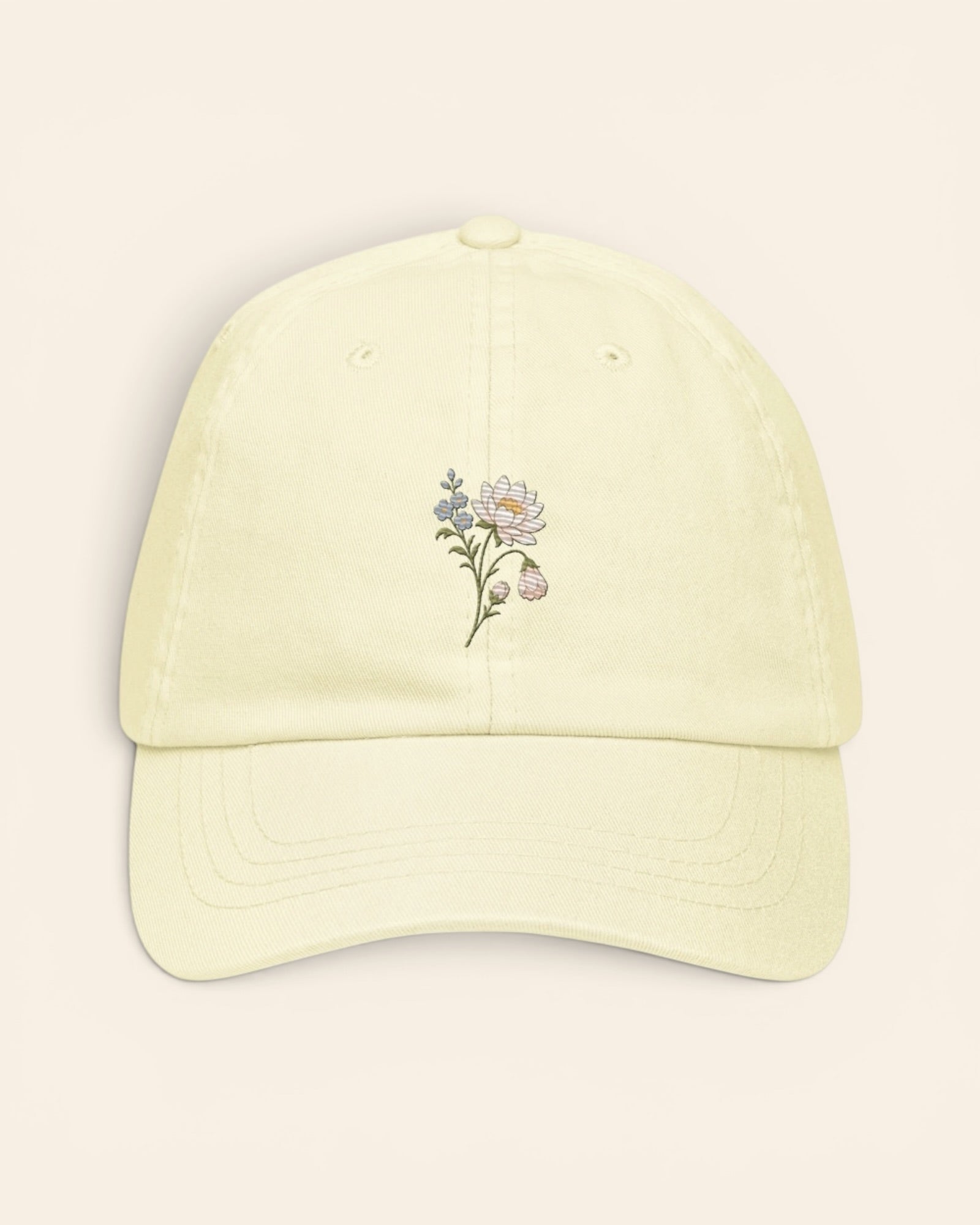 July birth flower hat with embroidered water lily and larkspur, in Pastel Lemon