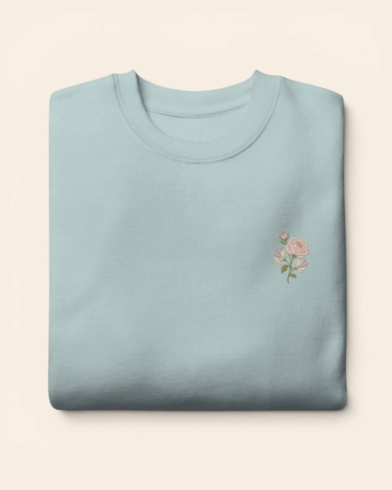 June birth flower crewneck sweatshirt with embroidered rose and honeysuckle