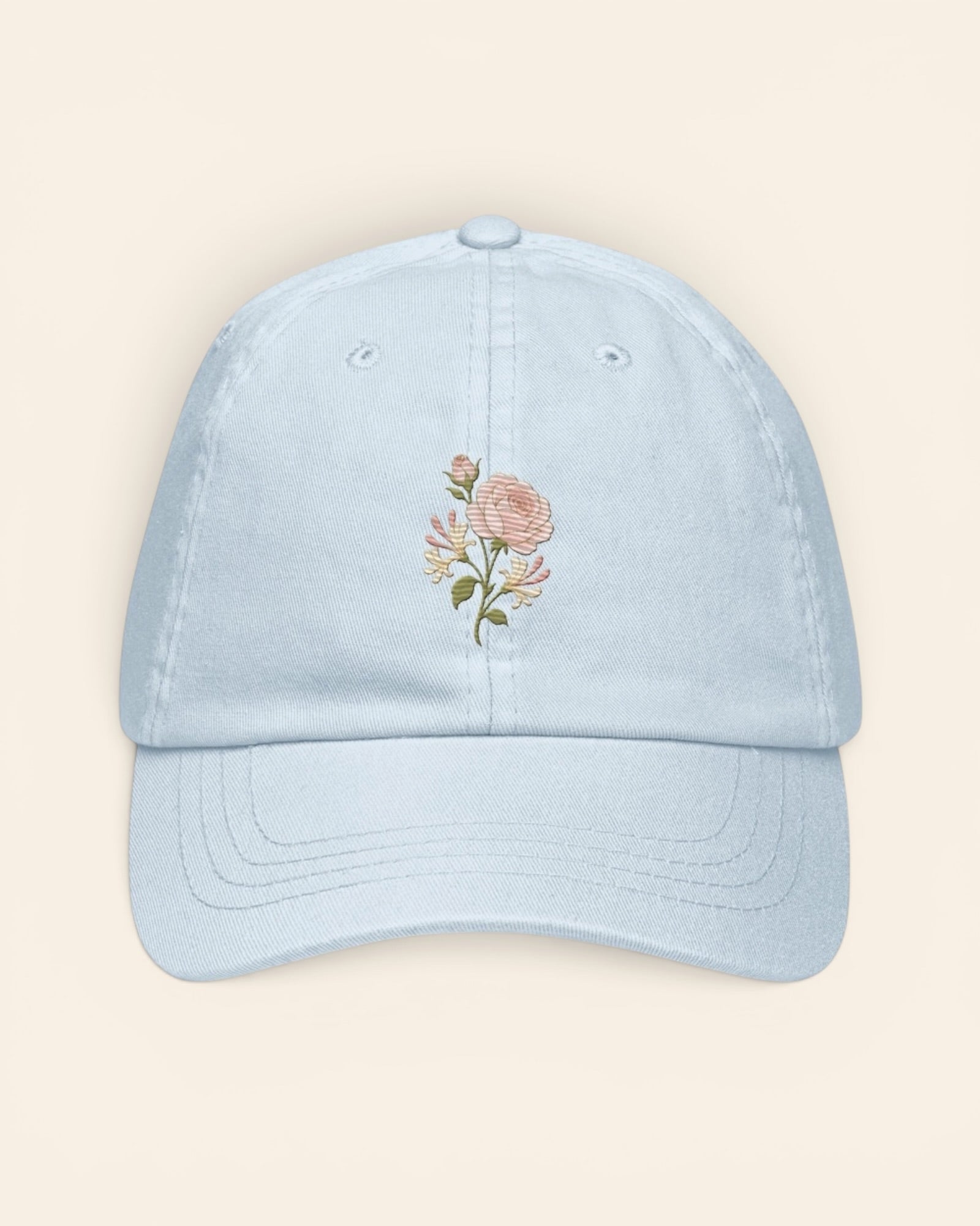 June birth flower hat with embroidered rose and honeysuckle, in Pastel Blue