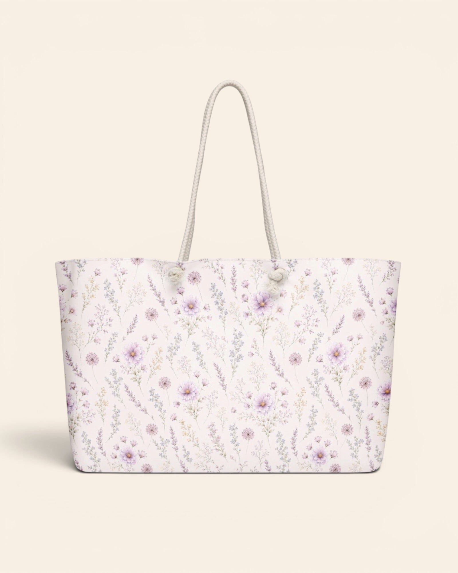 La Vie Fleurie Weekender Bag, with lavender sprigs, purple cosmos, baby's breath, and larkspur print