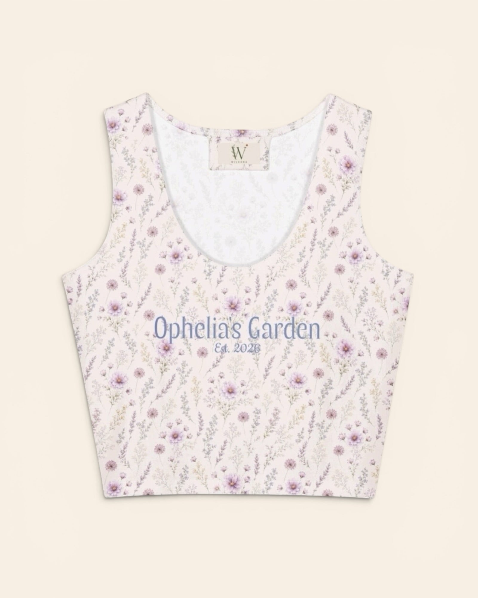 La Vie Fleurie Crop Top, with lavender sprigs, purple cosmos, baby's breath, and larkspur print