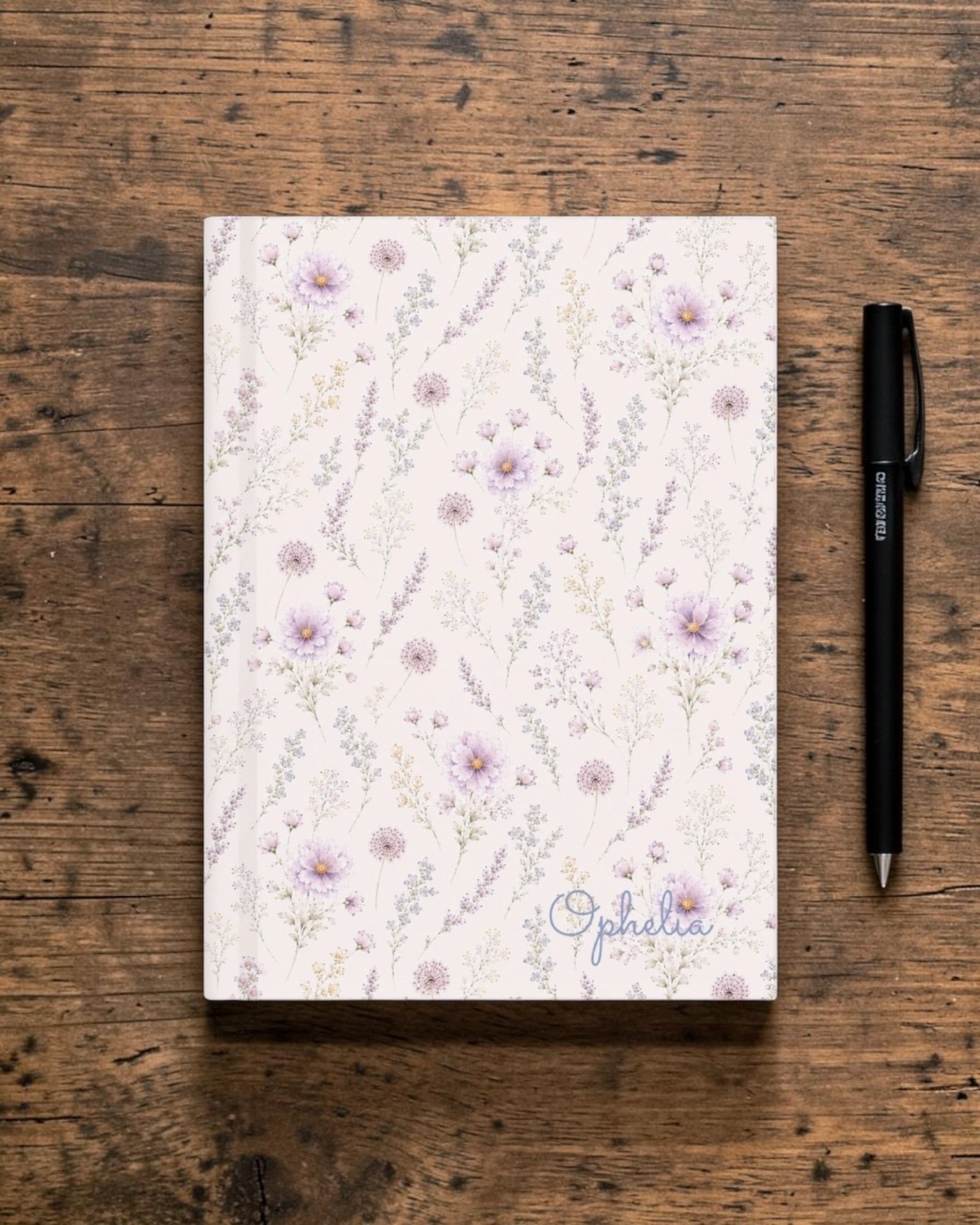 La Vie Fleurie Journal, with lavender sprigs, purple cosmos, baby's breath, and larkspur print