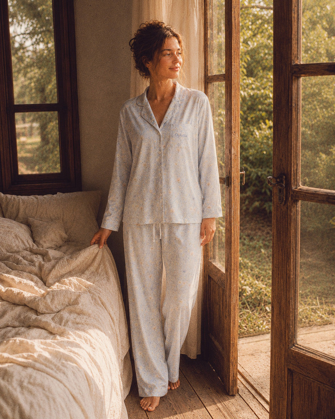 Blue Morning Blooms Long Sleeve Pajamas, with blue forget-me-nots, powder-blue cosmos, and white daisies print