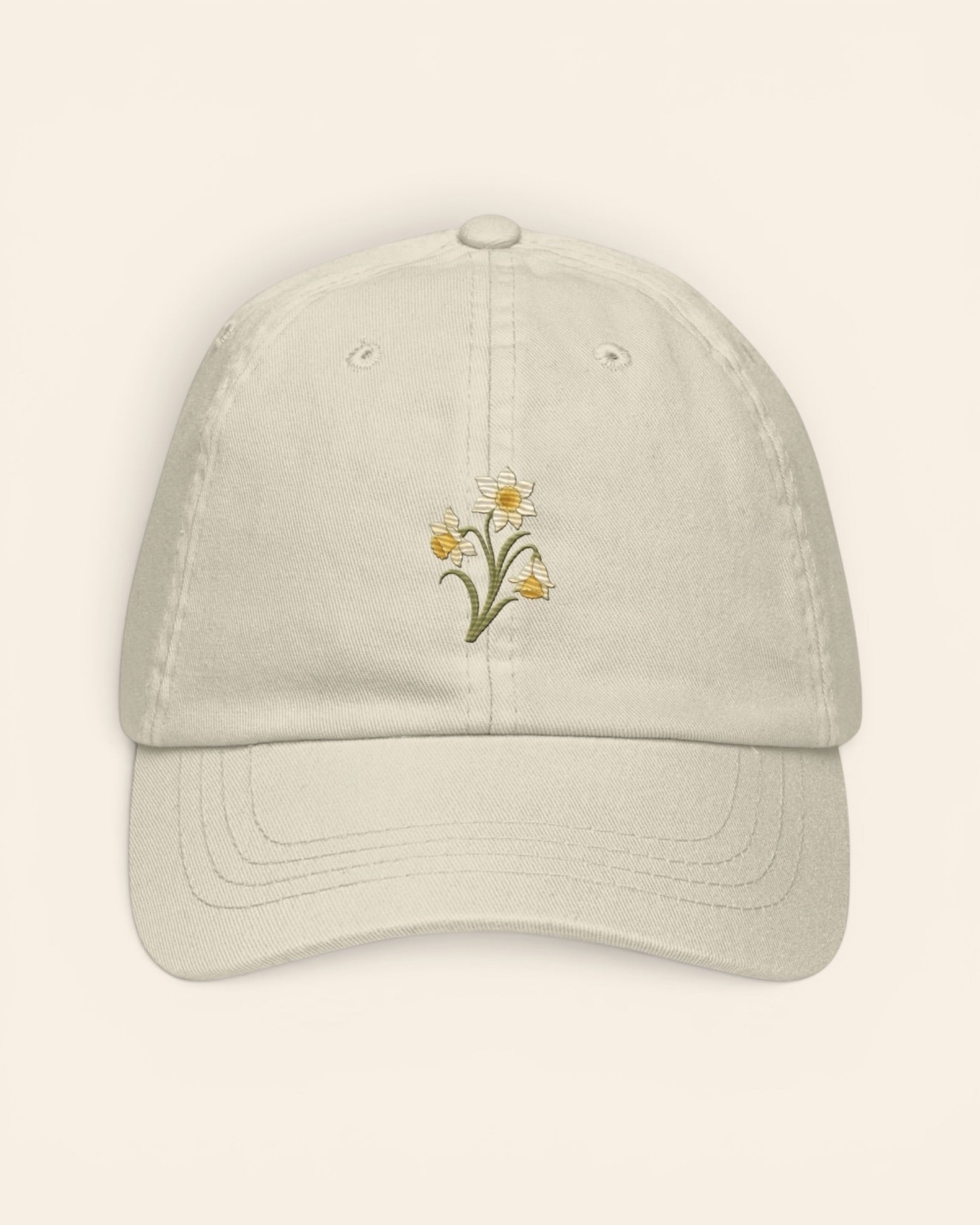 March birth flower hat with embroidered daffodil and jonquil, in Beige