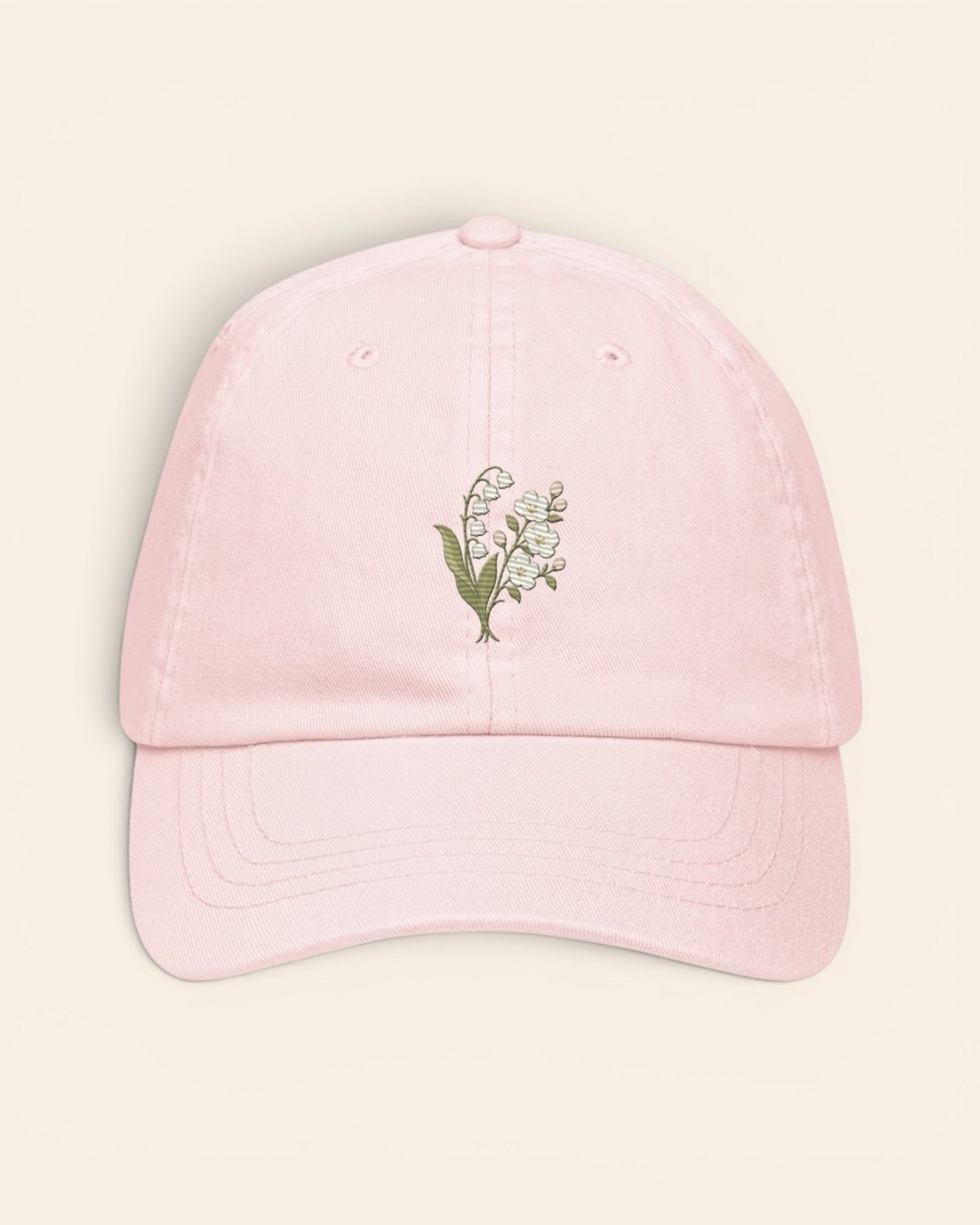 May birth flower hat with embroidered lily of the valley and hawthorn, in Pastel Pink