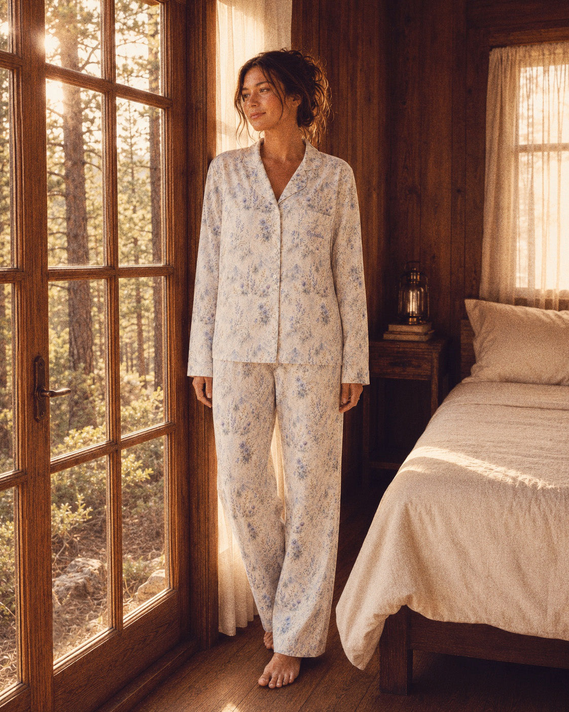 Alpine Reverie Long Sleeve Pajamas, with misty blue-gray mountains, alpine asters, and bellflowers print