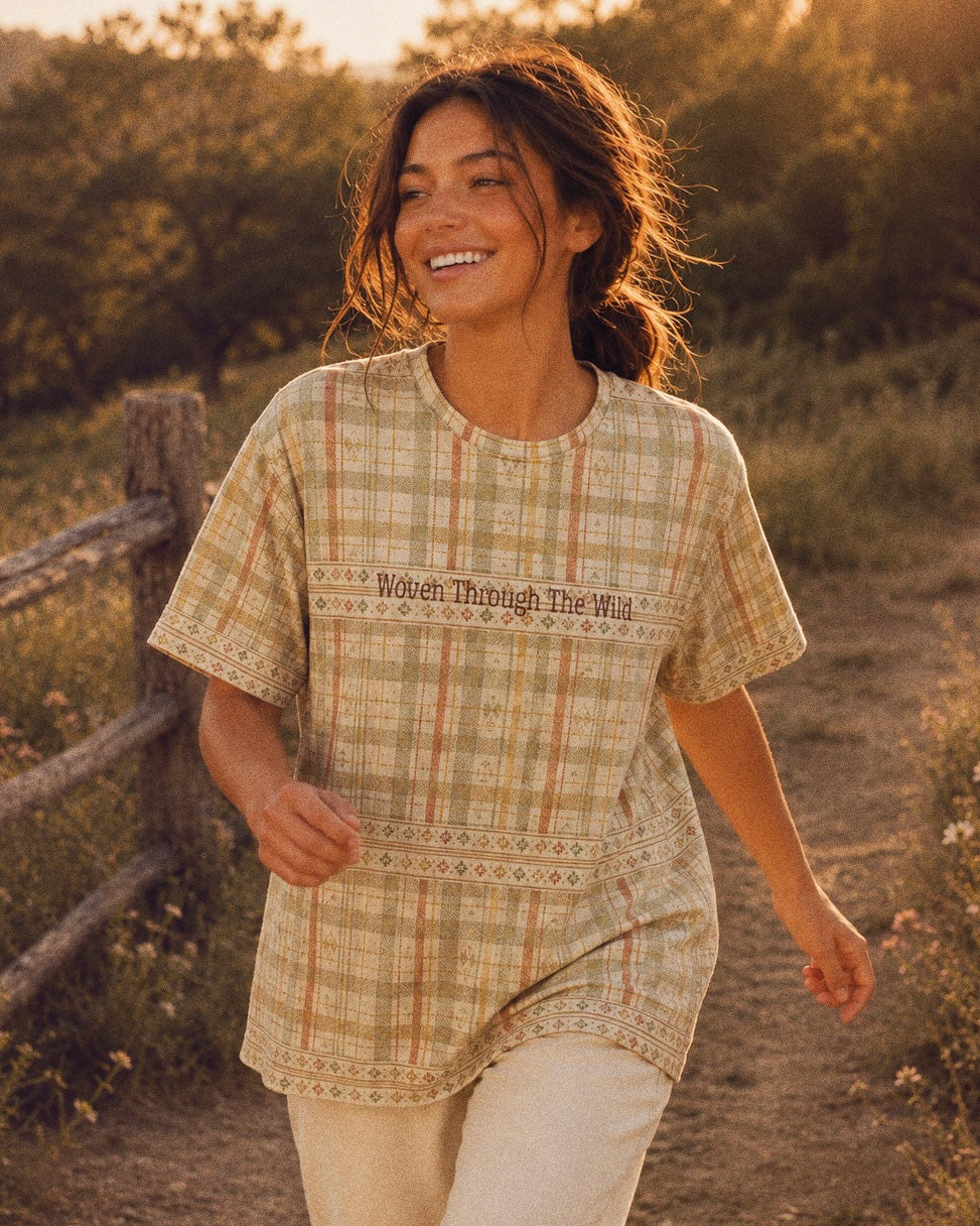 Woven Through The Wild Oversized Tee, with vintage woven plaid in sage, apricot, peach, and sand print