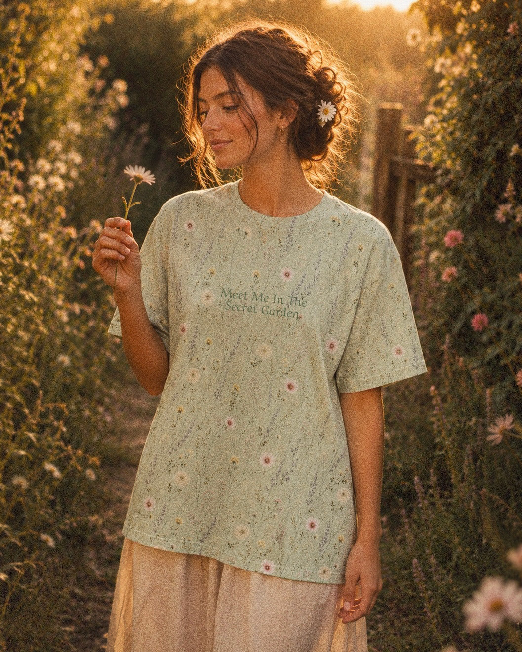 Secret Garden Oversized Tee, with ranunculus, cosmos, and larkspur print
