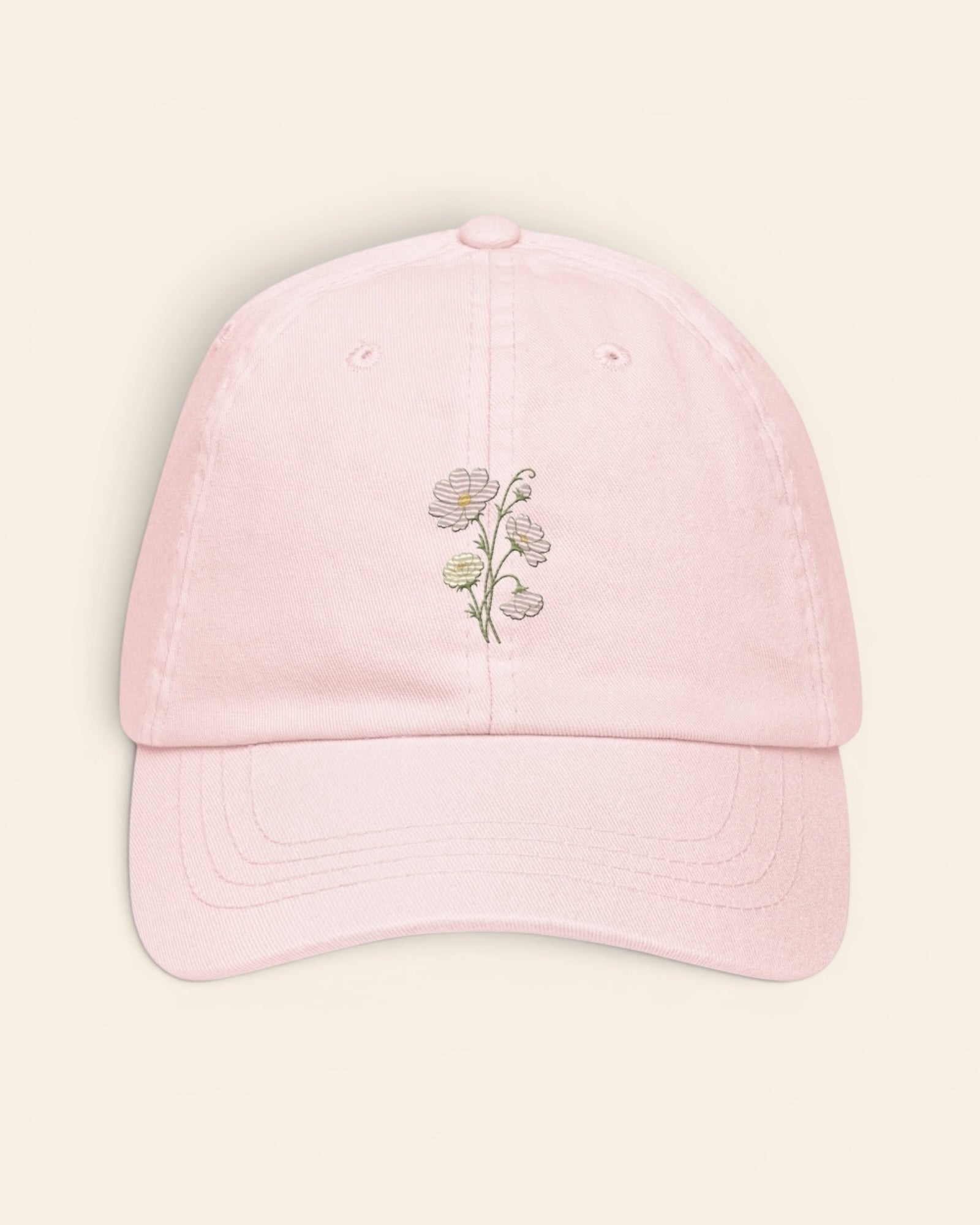 October birth flower hat with embroidered cosmos and marigold, in Pastel Pink
