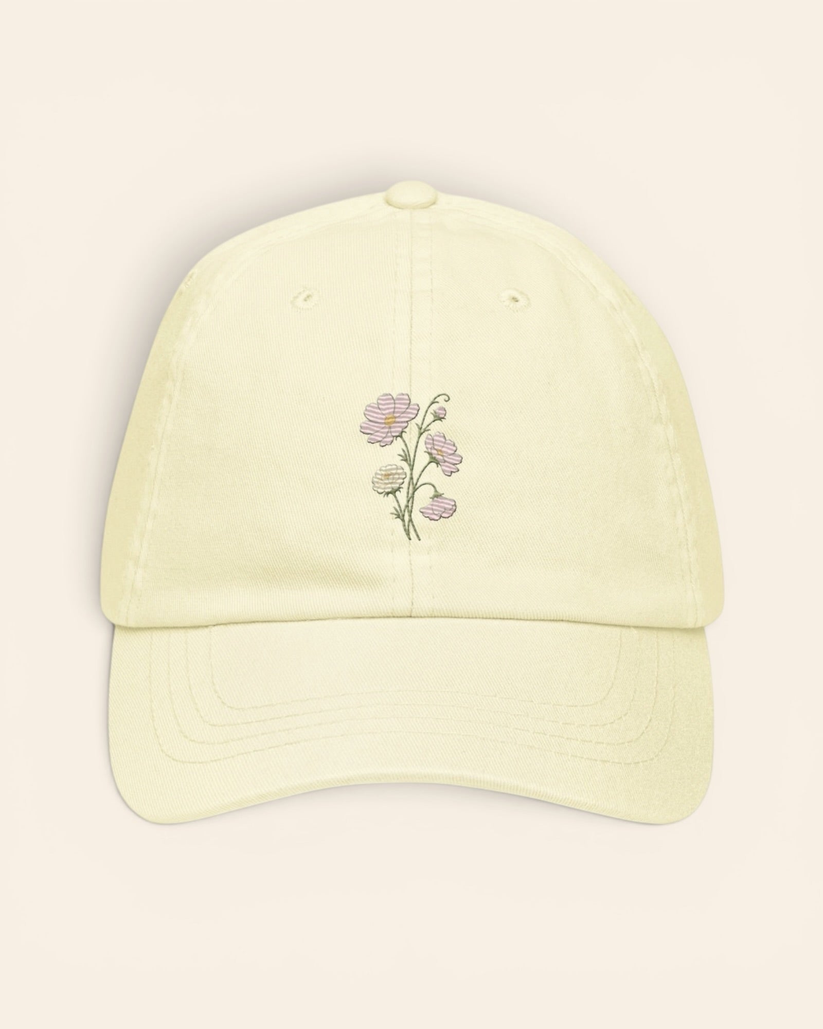 October birth flower hat with embroidered cosmos and marigold, in Pastel Lemon