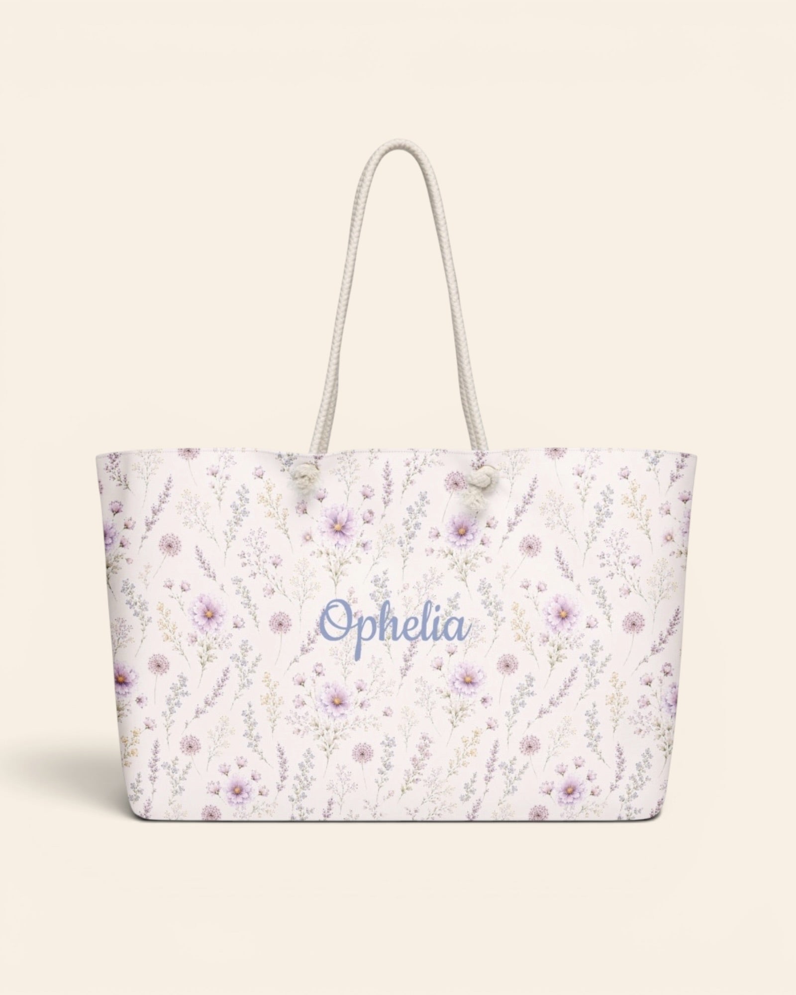 La Vie Fleurie Weekender Bag, with lavender sprigs, purple cosmos, baby's breath, and larkspur print