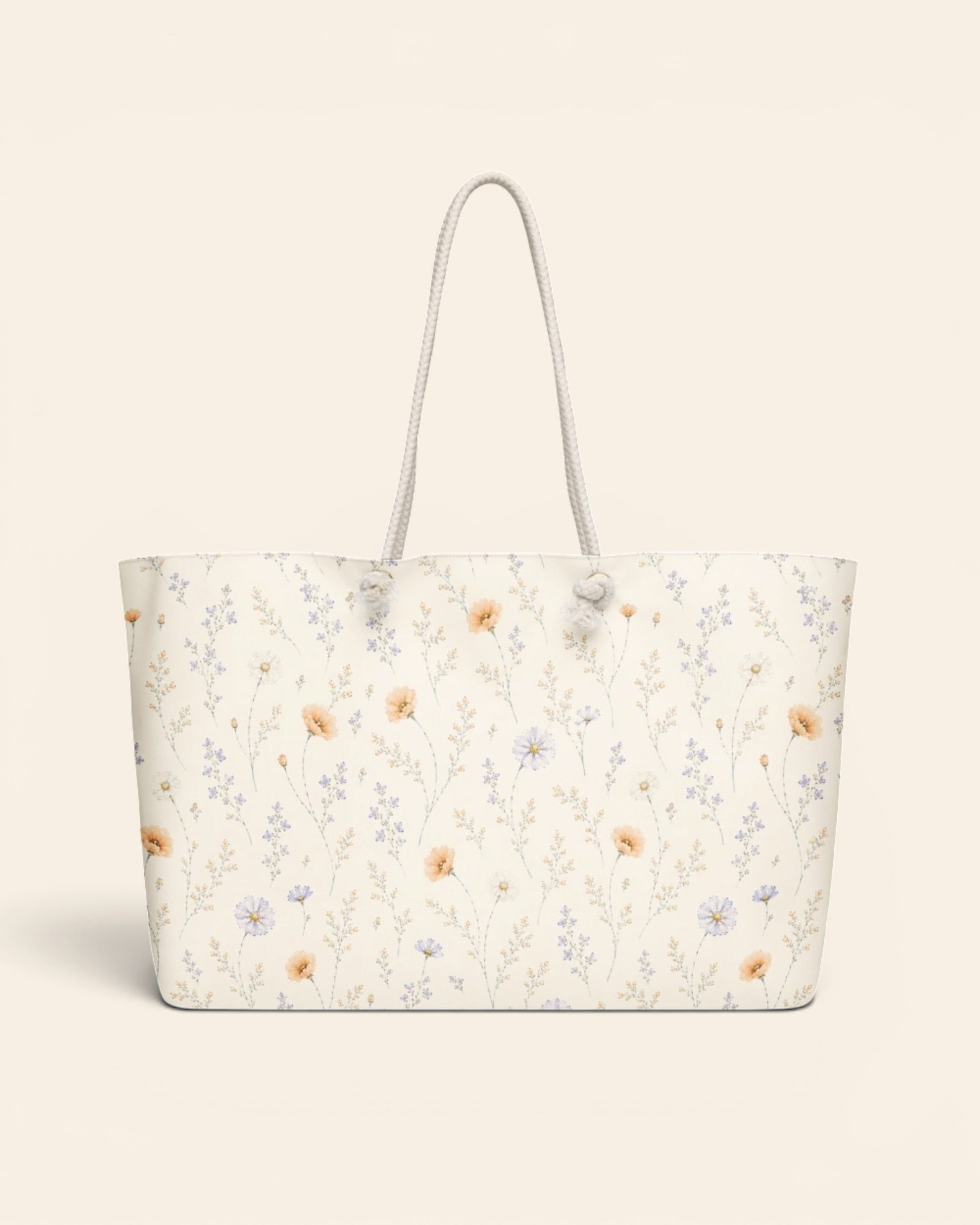 Garden Reverie Weekender Bag, with peach poppies, blue cosmos, forget-me-nots, and daisies print
