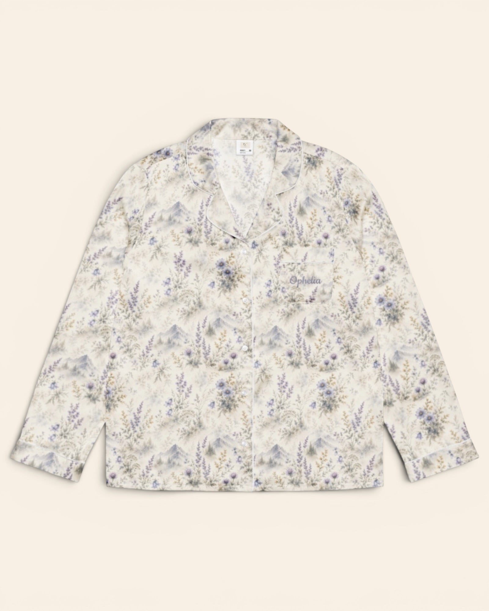 Alpine Reverie Long Sleeve Pajamas, with misty blue-gray mountains, alpine asters, and bellflowers print