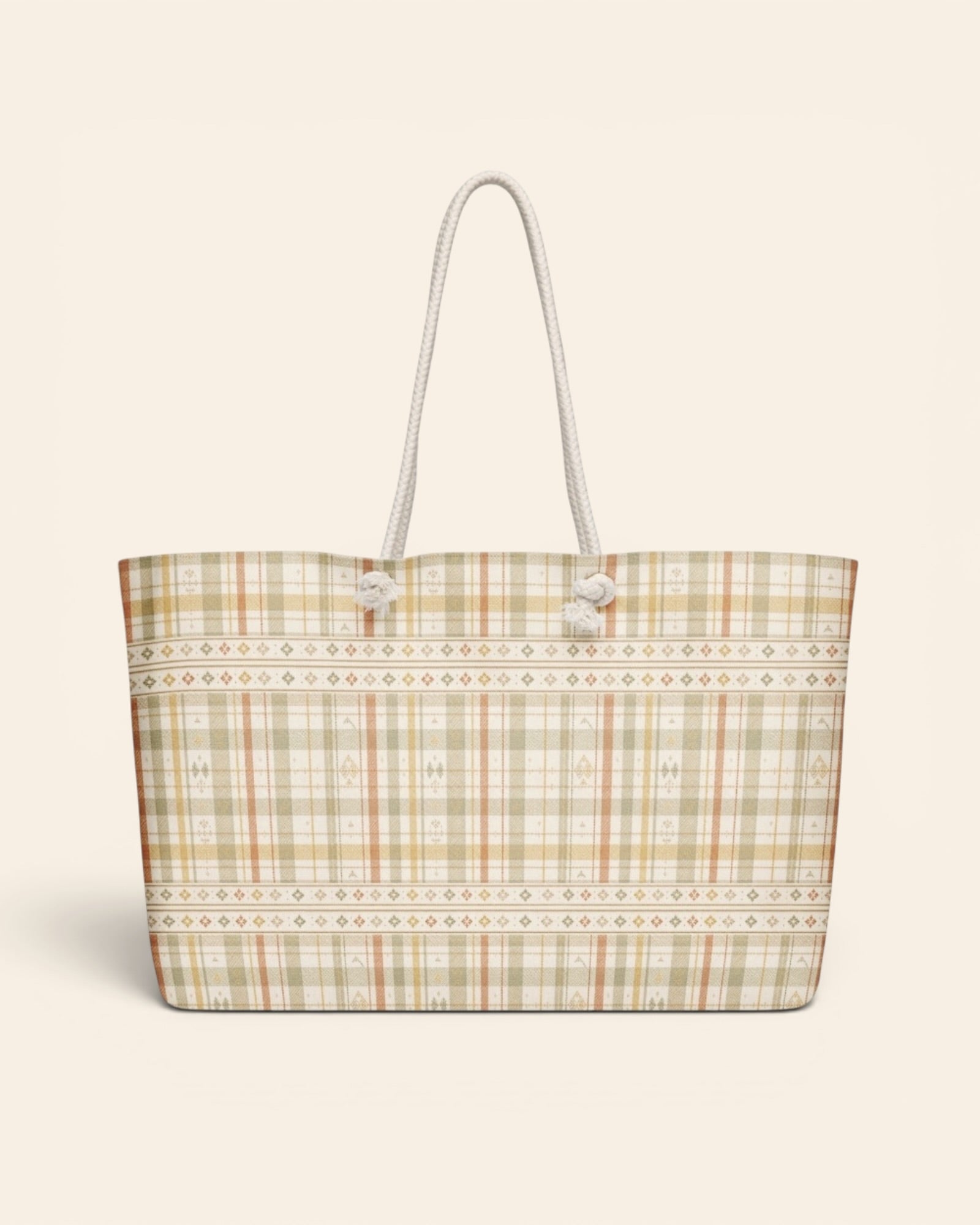 Woven Through The Wild Weekender Bag, with vintage woven plaid in sage, apricot, peach, and sand print