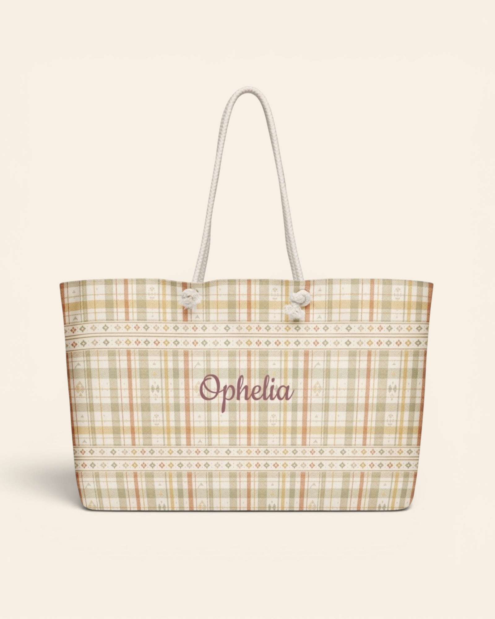 Woven Through The Wild Weekender Bag, with vintage woven plaid in sage, apricot, peach, and sand print