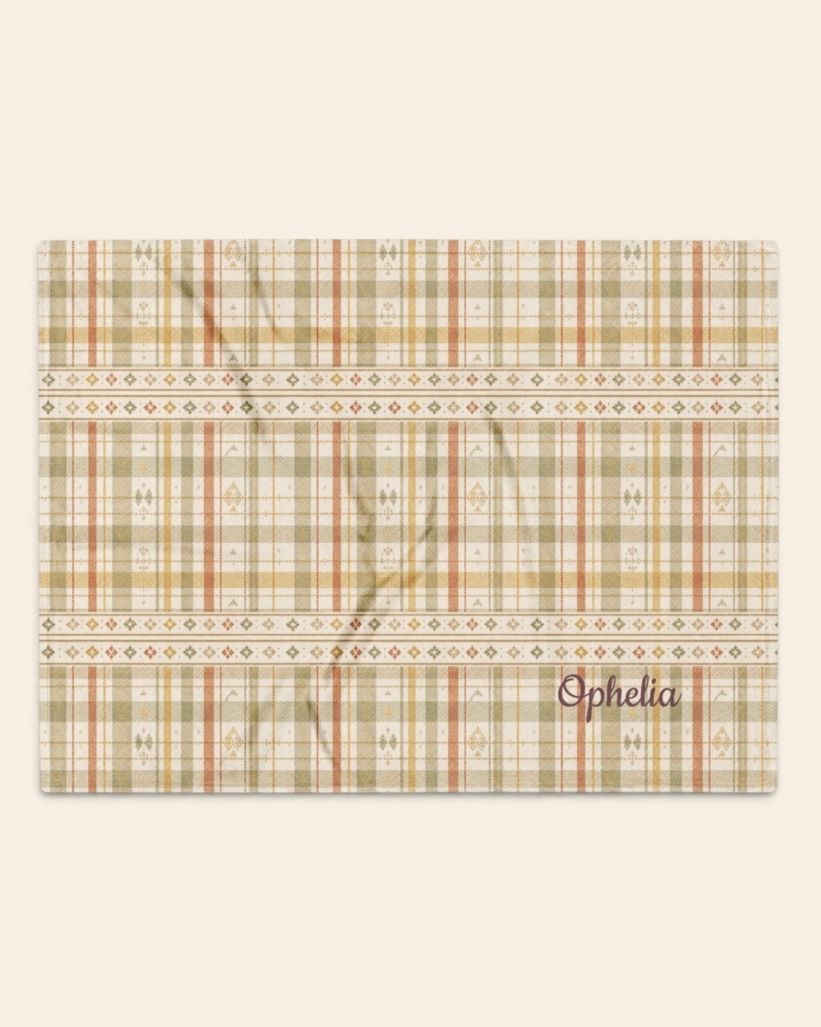 Woven Through The Wild Throw Blanket, with vintage woven plaid in sage, apricot, peach, and sand print