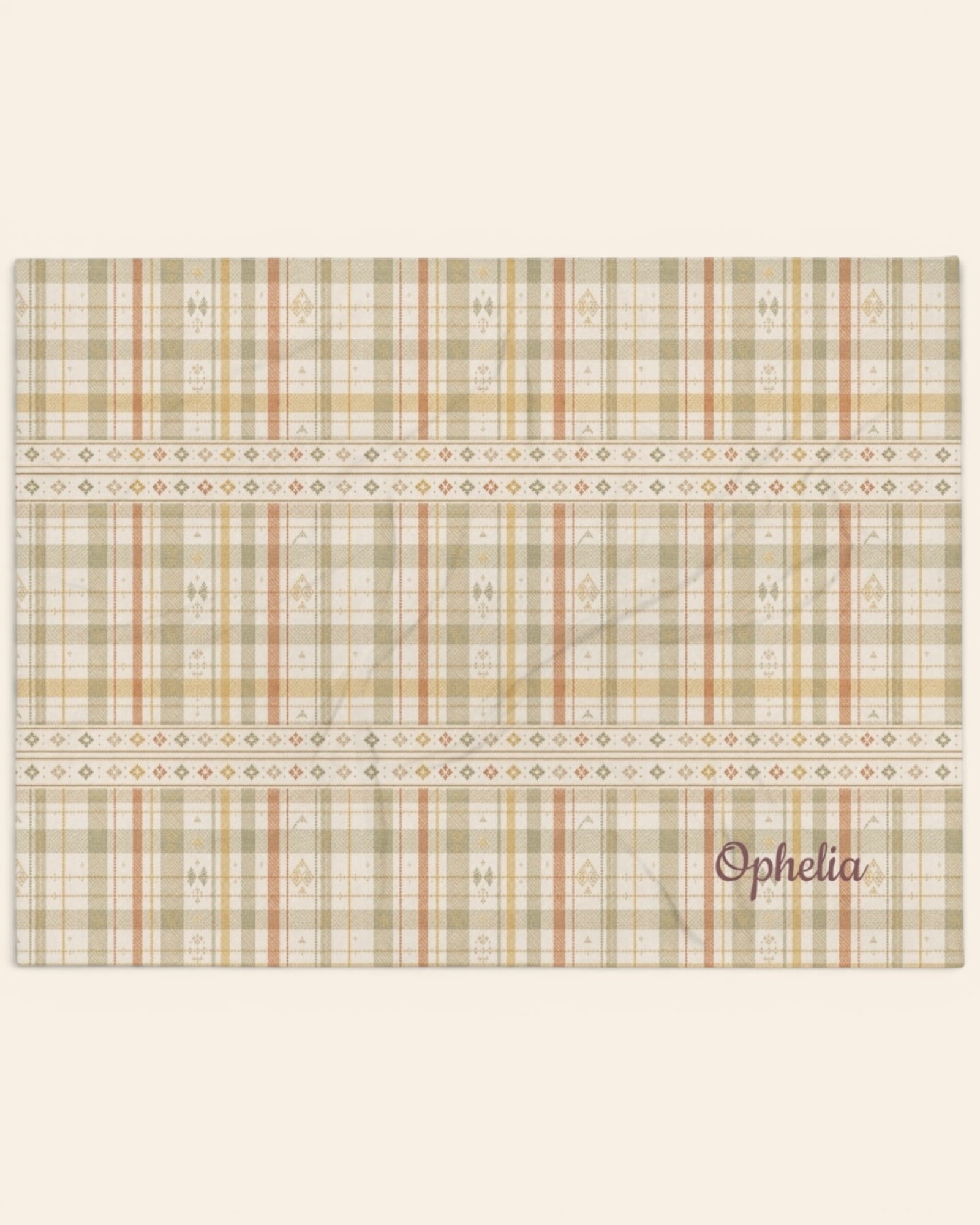 Woven Through The Wild Throw Blanket, with vintage woven plaid in sage, apricot, peach, and sand print