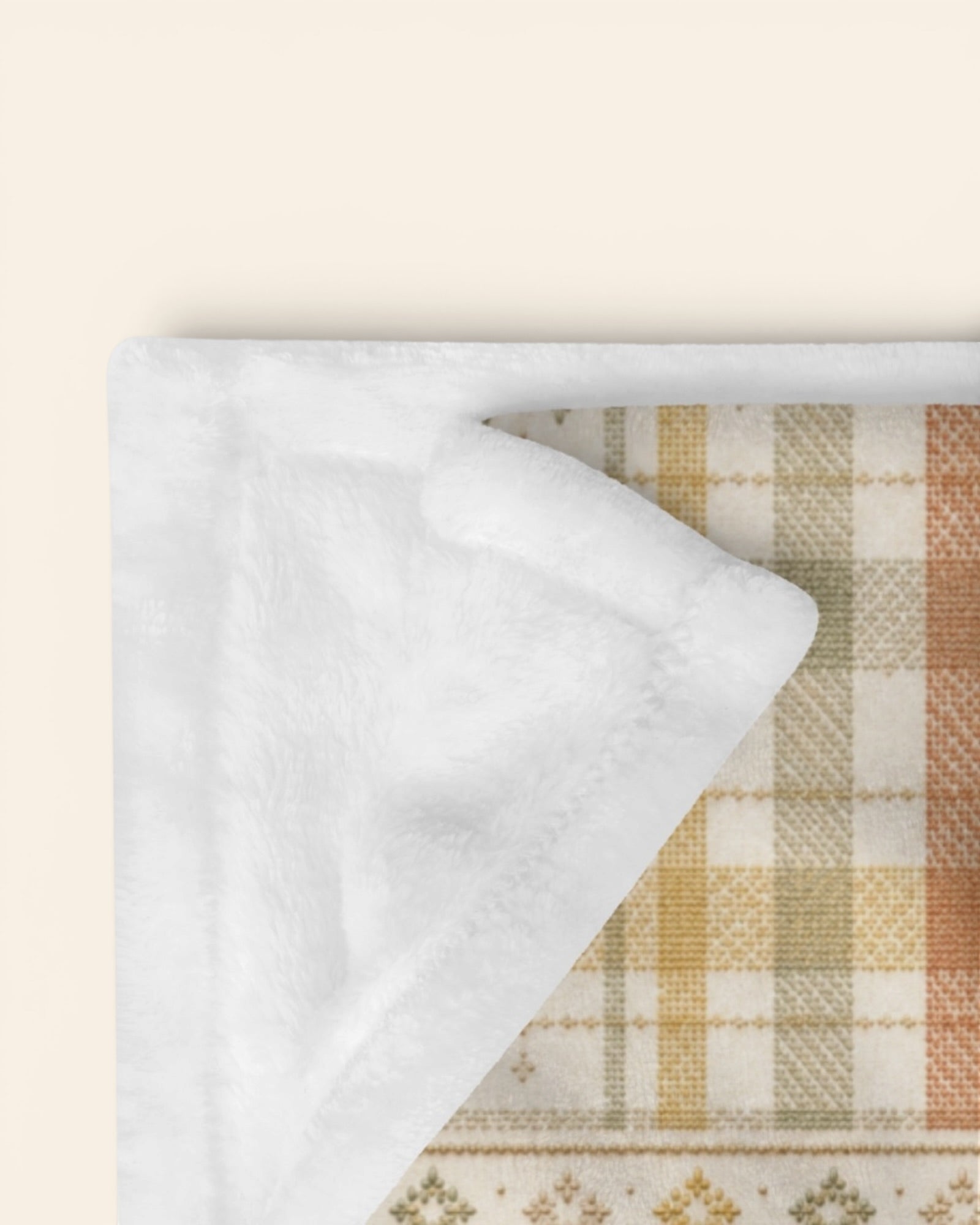 Woven Through The Wild Throw Blanket, with vintage woven plaid in sage, apricot, peach, and sand print